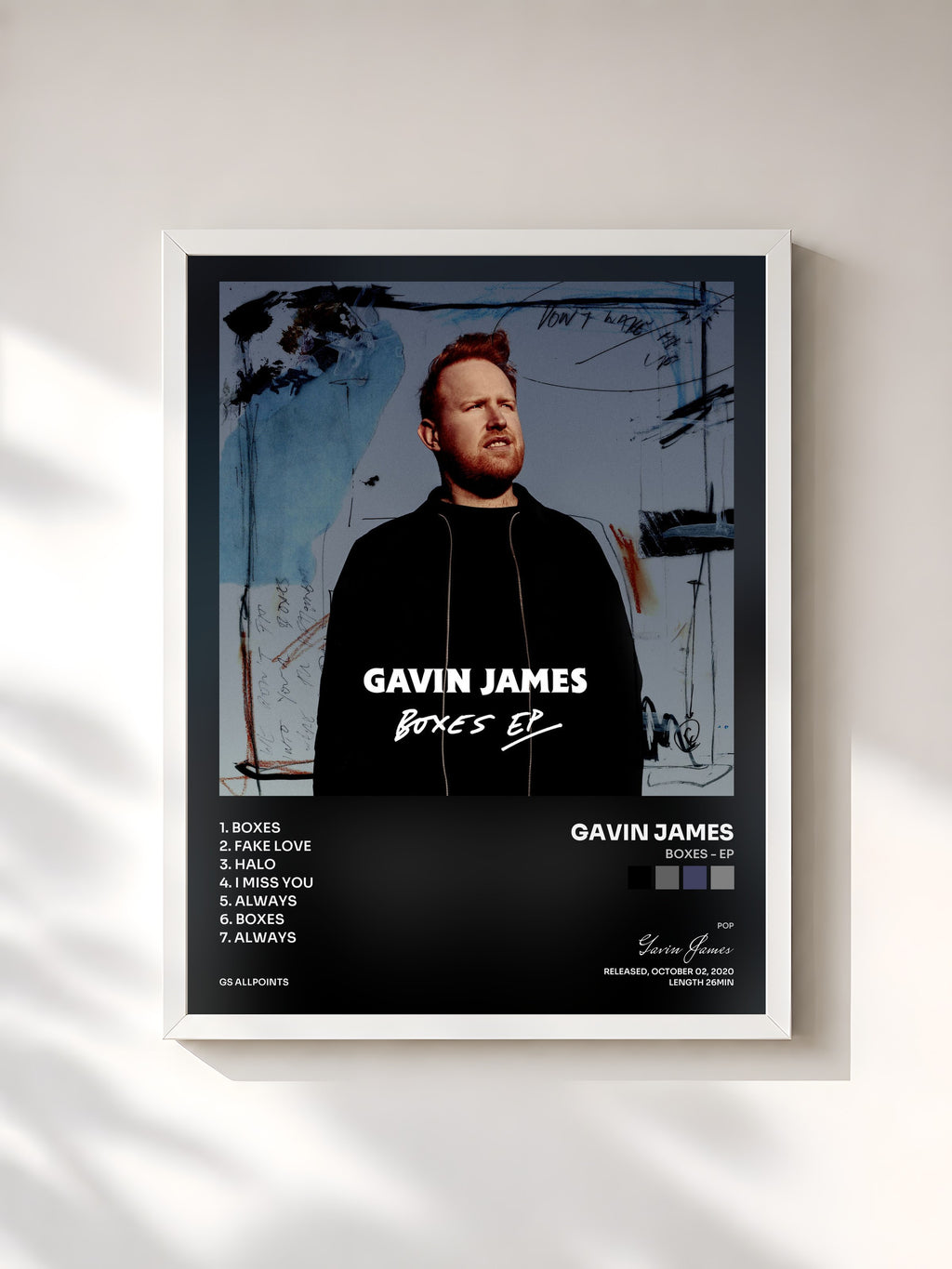 #blanc Tableau de l'album Boxes - EP de Gavin James, cadre blanc, imprimé et encadré en France