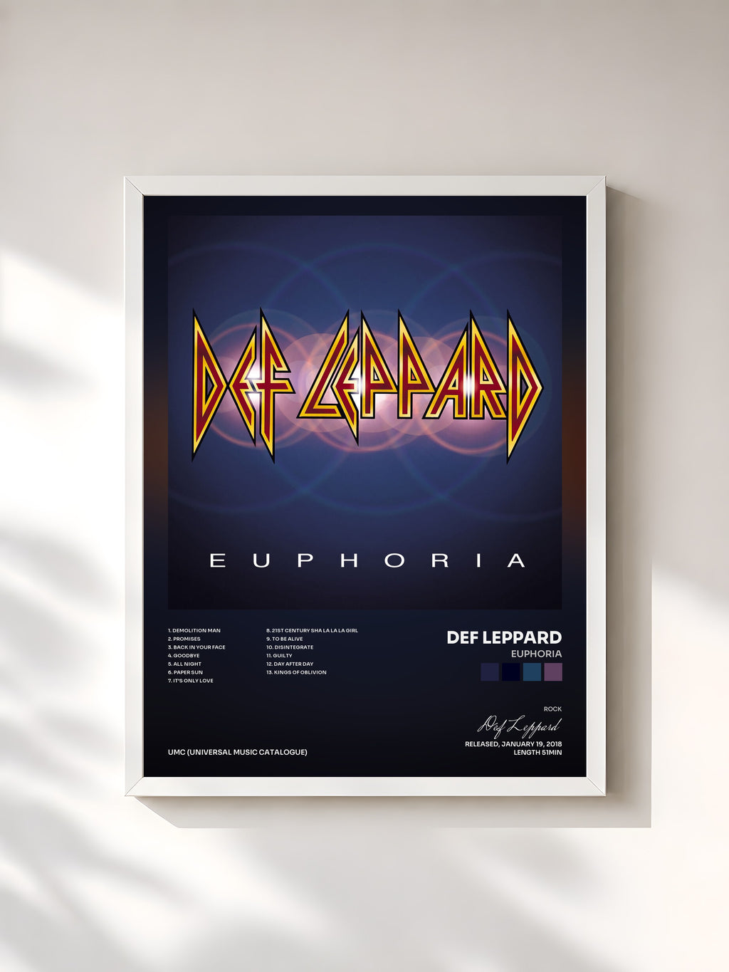 #blanc Tableau de l'album Euphoria de Def Leppard, cadre blanc, imprimé et encadré en France