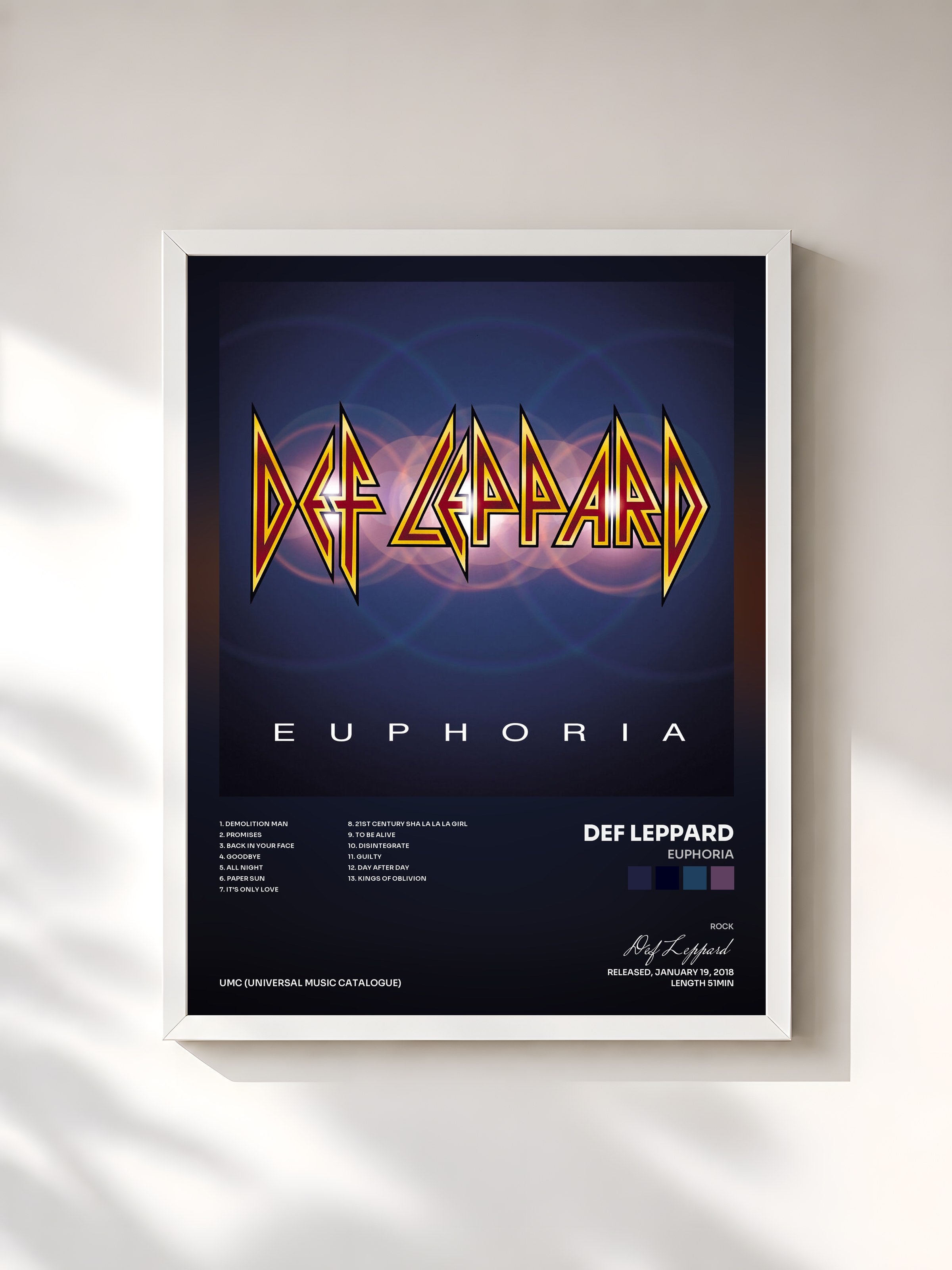 #blanc Tableau de l'album Euphoria de Def Leppard, cadre blanc, imprimé et encadré en France