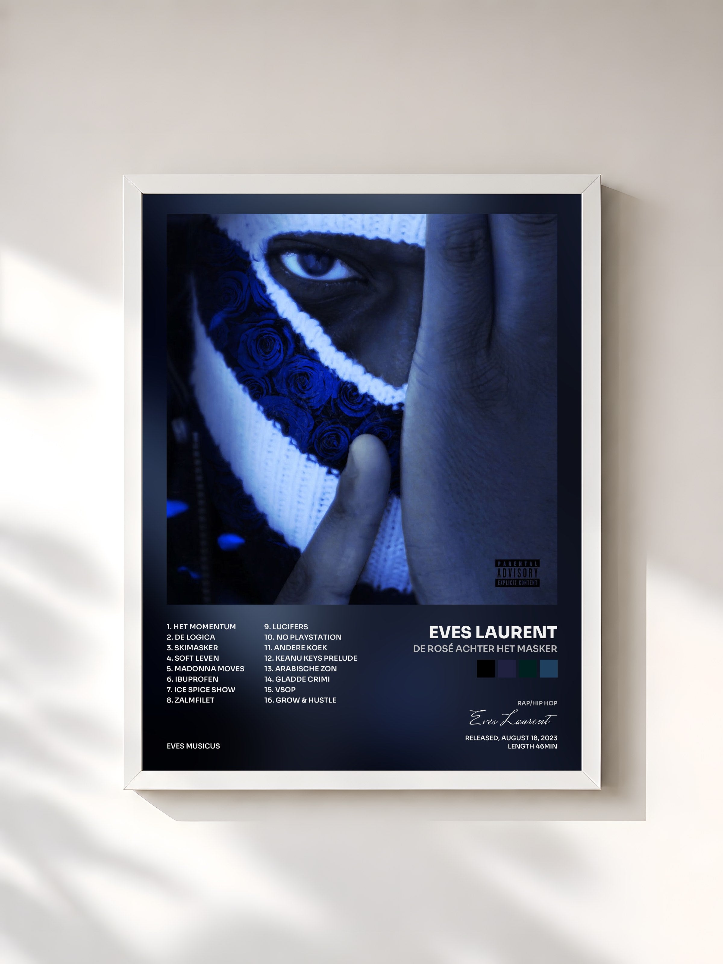#blanc Tableau de l'album DE ROSÉ ACHTER HET MASKER de Eves Laurent, cadre blanc, imprimé et encadré en France