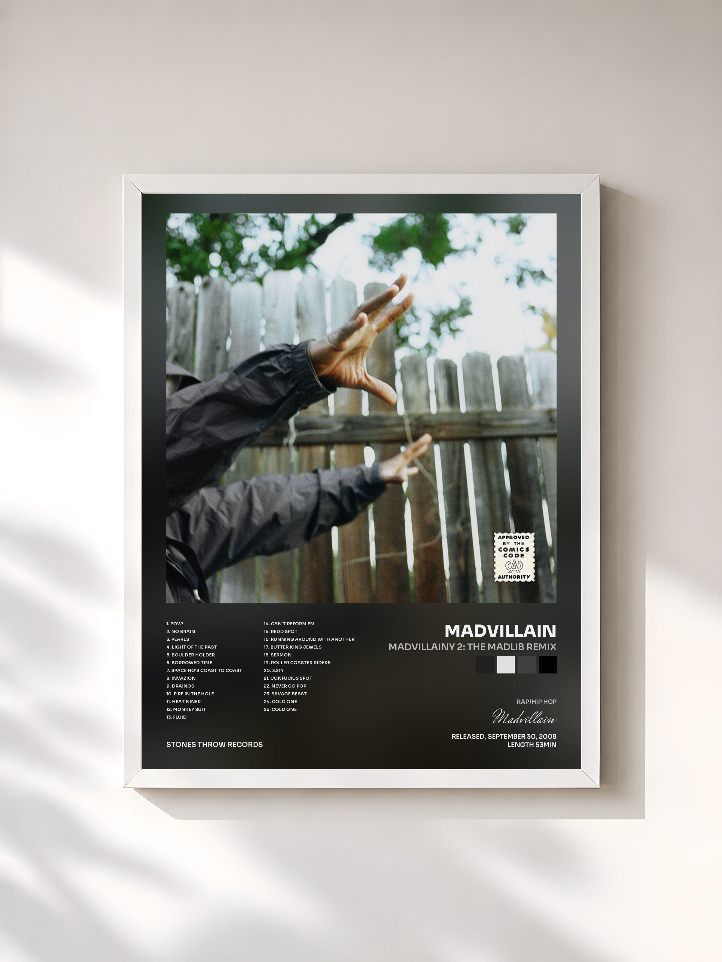 #blanc Tableau de l'album Madvillainy 2: The Madlib Remix de Madvillain, cadre blanc, imprimé et encadré en France