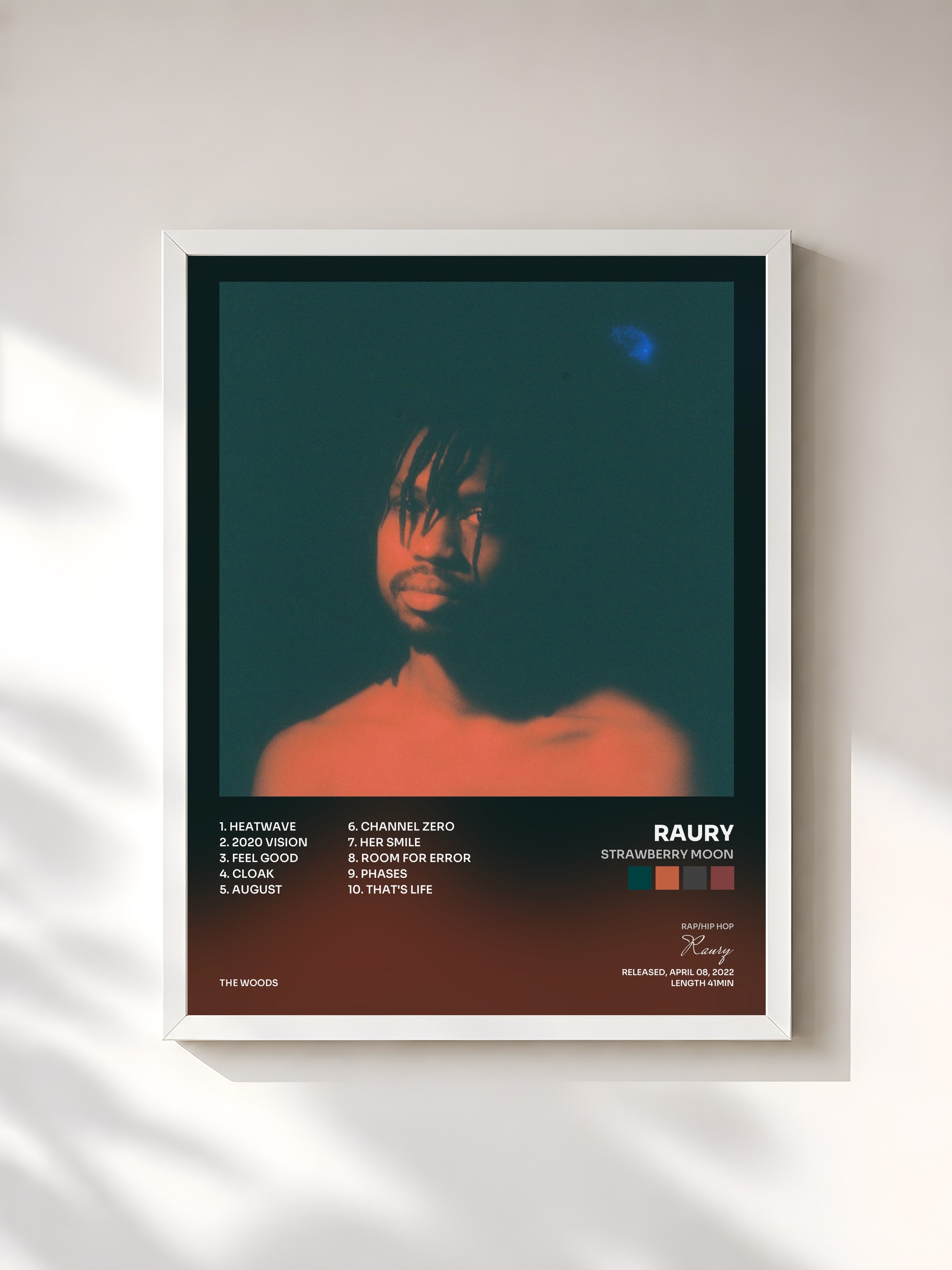 #blanc Tableau de l'album Strawberry Moon de Raury, cadre blanc, imprimé et encadré en France