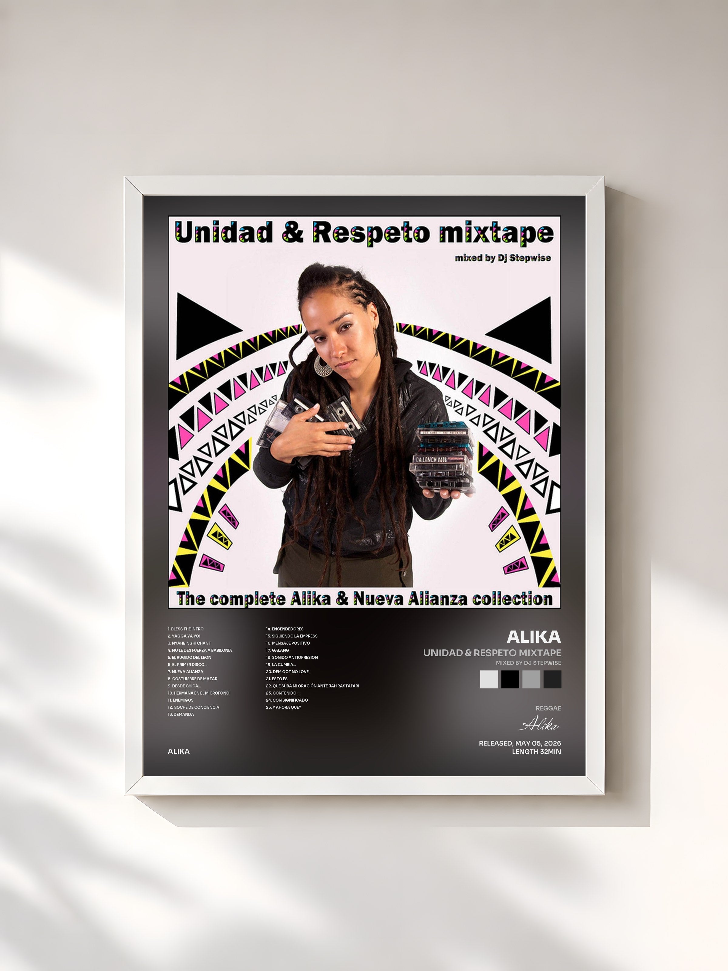 #blanc Tableau de l'album Unidad & Respeto Mixtape (Mixed by Dj Stepwise) de Alika, cadre blanc, imprimé et encadré en France
