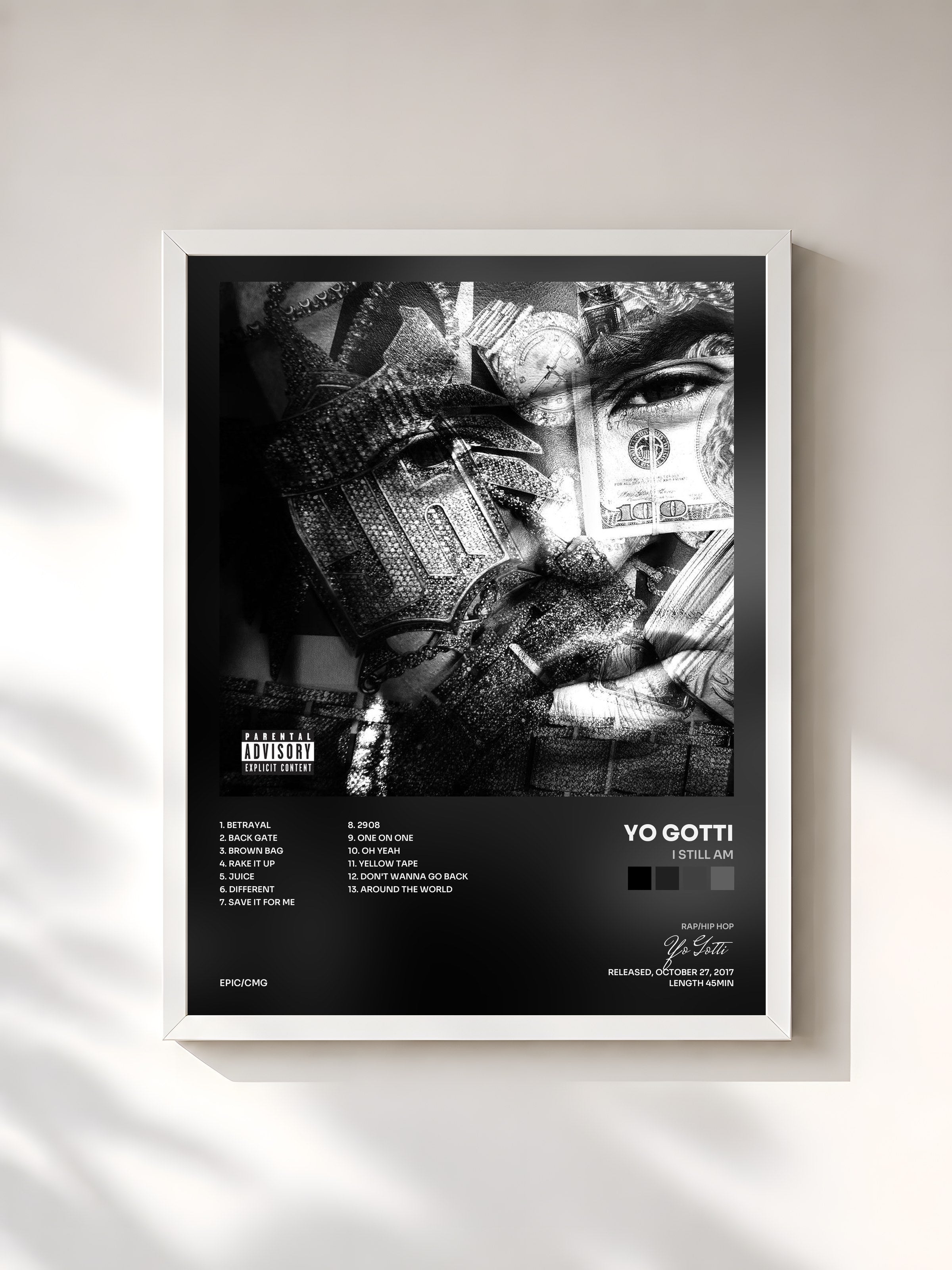 #blanc Tableau de l'album I Still Am de Yo Gotti, cadre blanc, imprimé et encadré en France