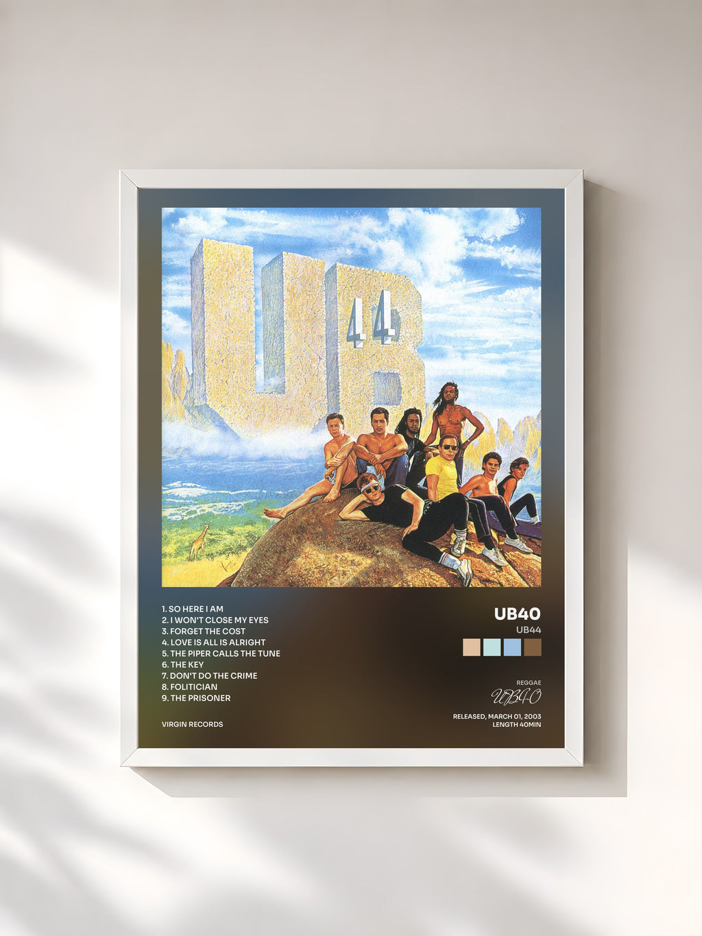 #blanc Tableau de l'album UB44 de UB40, cadre blanc, imprimé et encadré en France