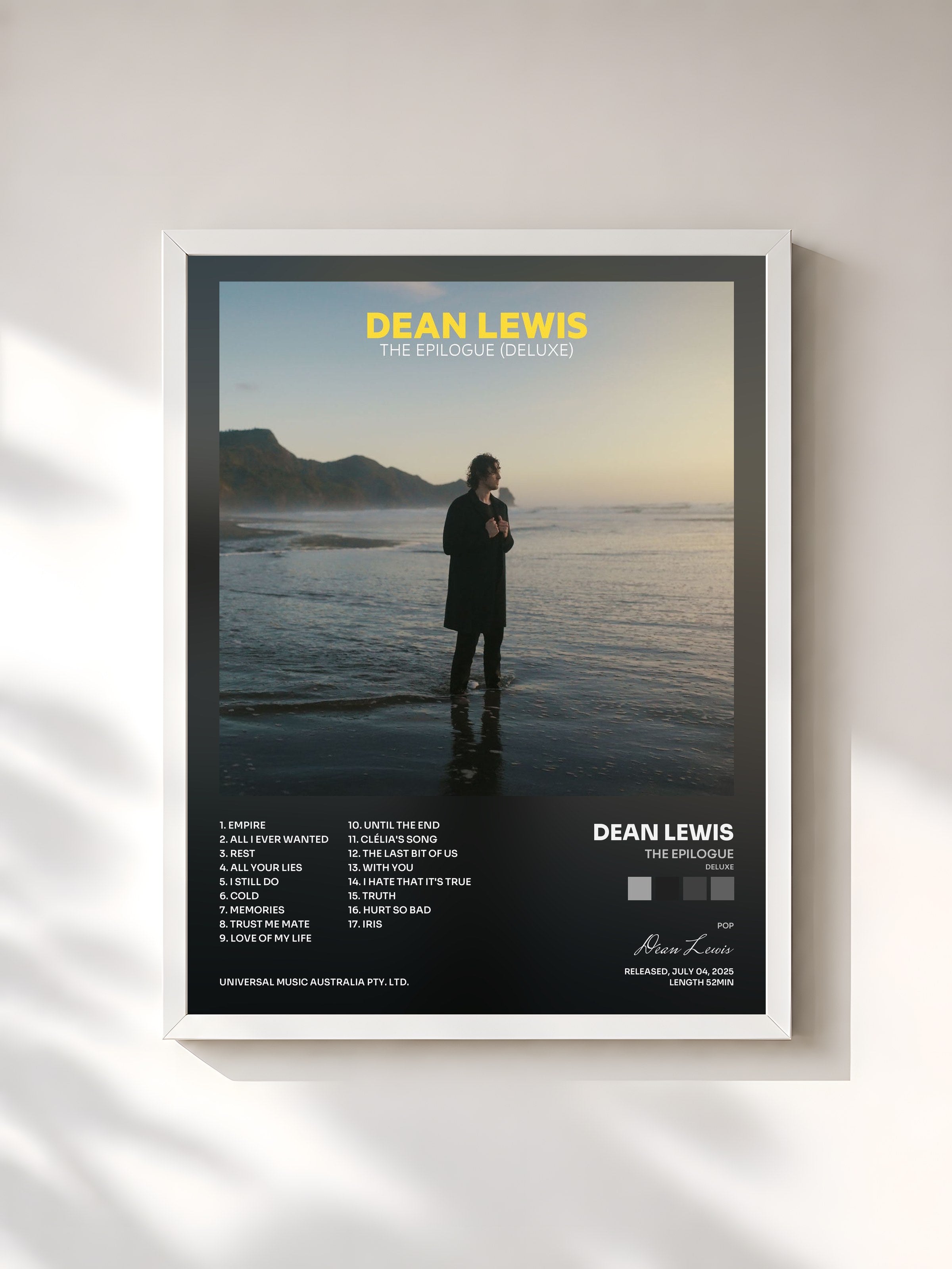 #blanc Tableau de l'album The Epilogue (Deluxe) de Dean Lewis, cadre blanc, imprimé et encadré en France