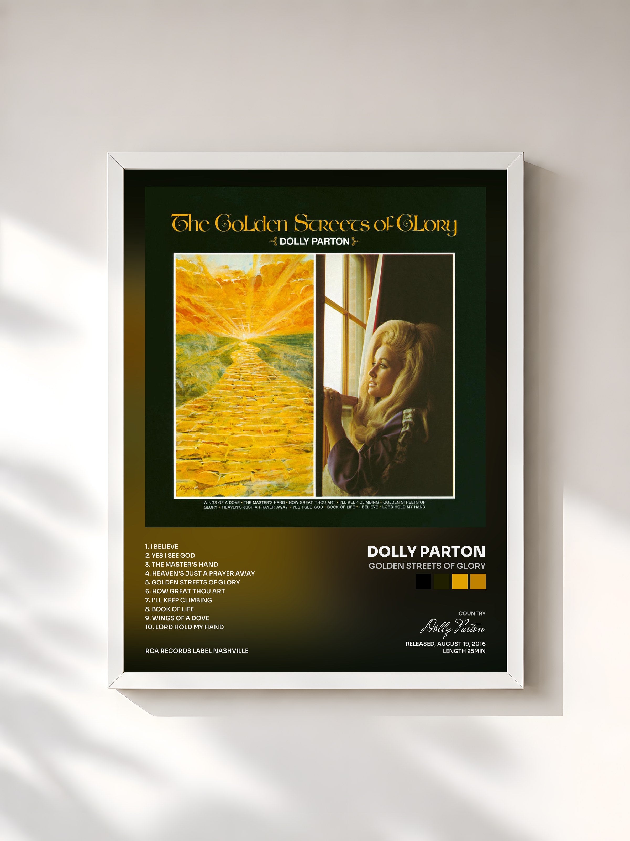 #blanc Tableau de l'album Golden Streets Of Glory de Dolly Parton, cadre blanc, imprimé et encadré en France