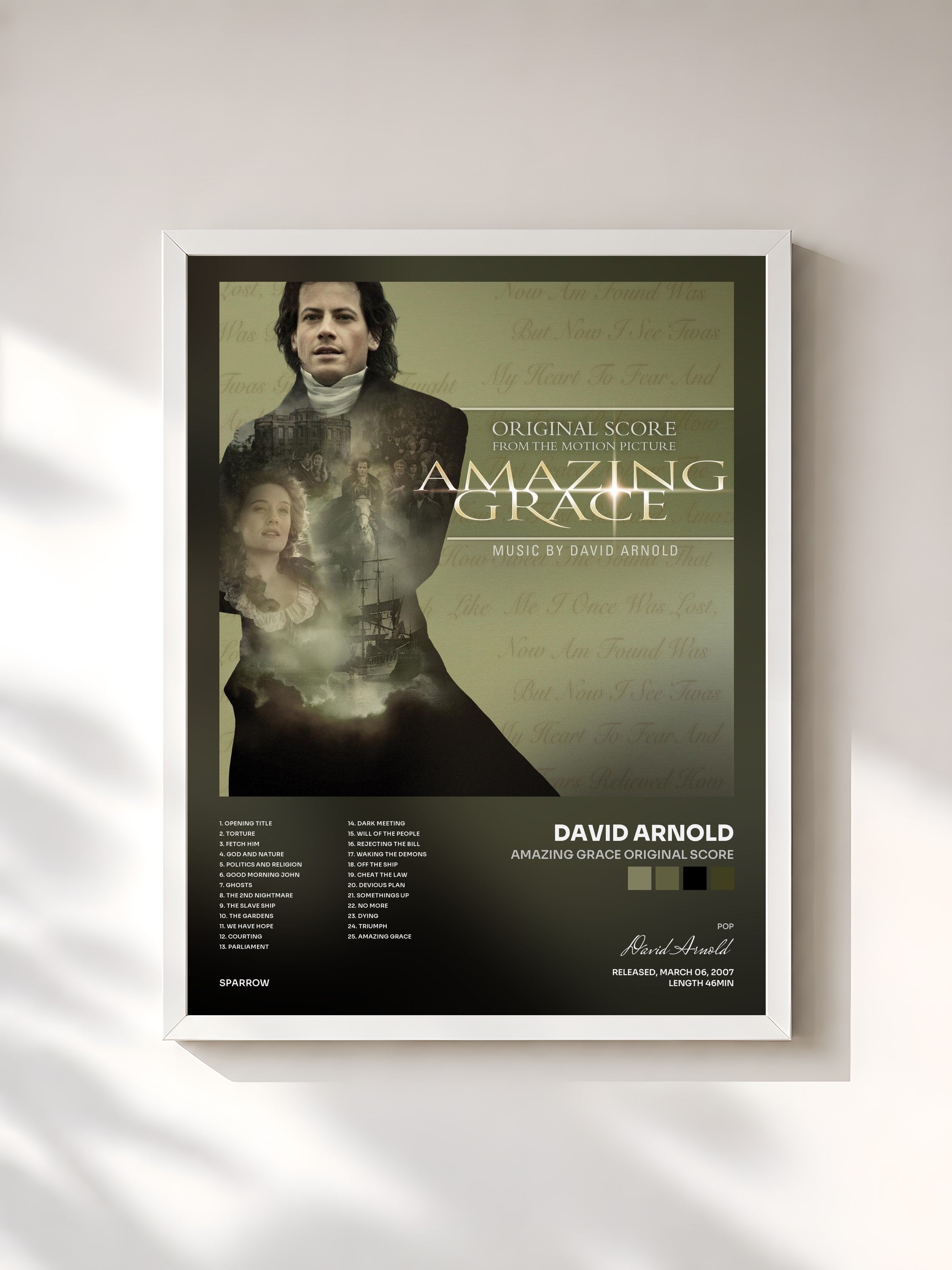 #blanc Tableau de l'album Amazing Grace Original Score de David Arnold, cadre blanc, imprimé et encadré en France