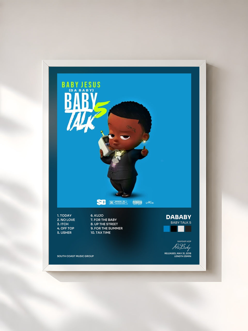 #blanc Tableau de l'album Baby Talk 5 de DaBaby, cadre blanc, imprimé et encadré en France