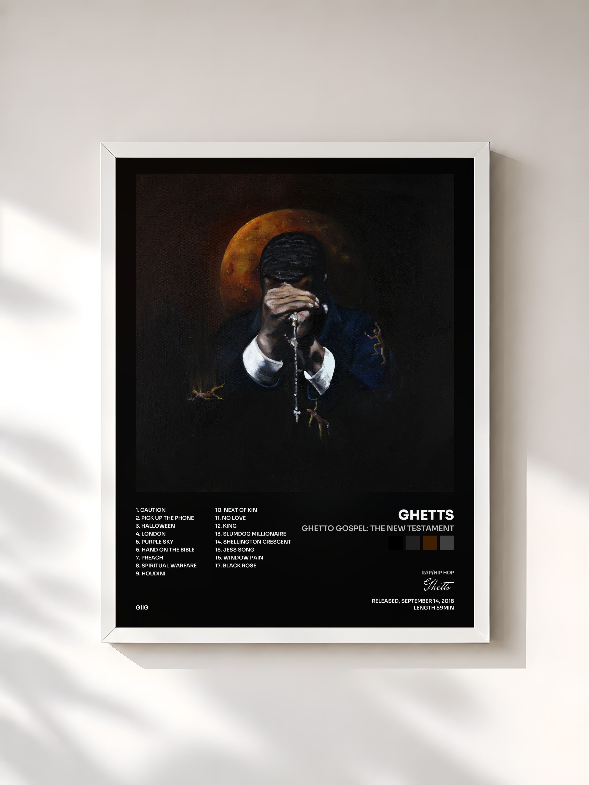 #blanc Tableau de l'album Ghetto Gospel: The New Testament de Ghetts, cadre blanc, imprimé et encadré en France