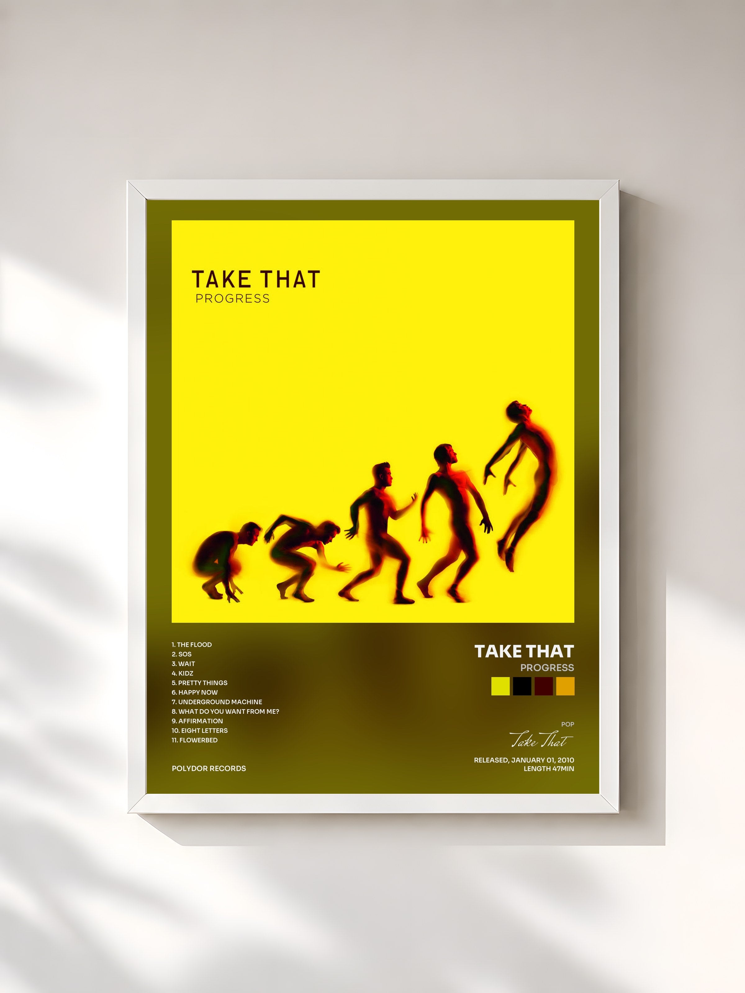 #blanc Tableau de l'album Progress de Take That, cadre blanc, imprimé et encadré en France