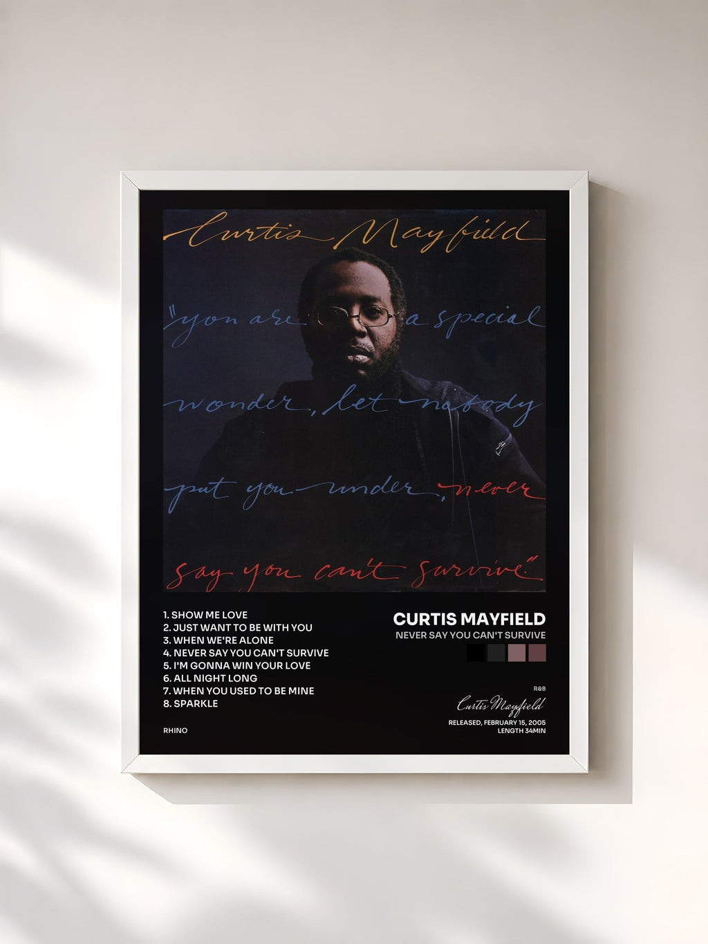 #blanc Never Say You Can't Survive de Curtis Mayfield en lámina enmarcada, marco blanco, impresa y enmarcada en Francia