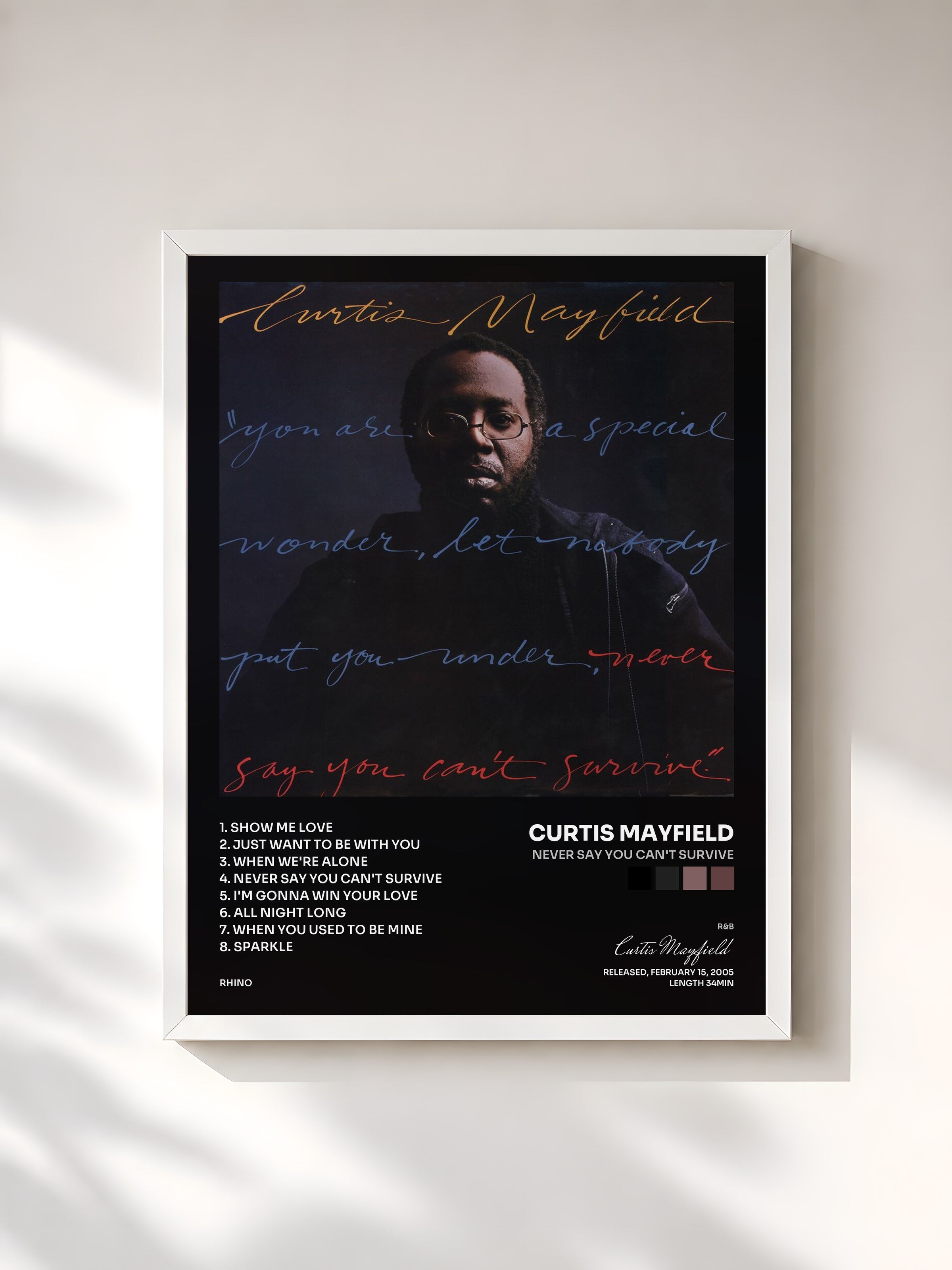 #blanc Tableau de l'album Never Say You Can't Survive de Curtis Mayfield, cadre blanc, imprimé et encadré en France