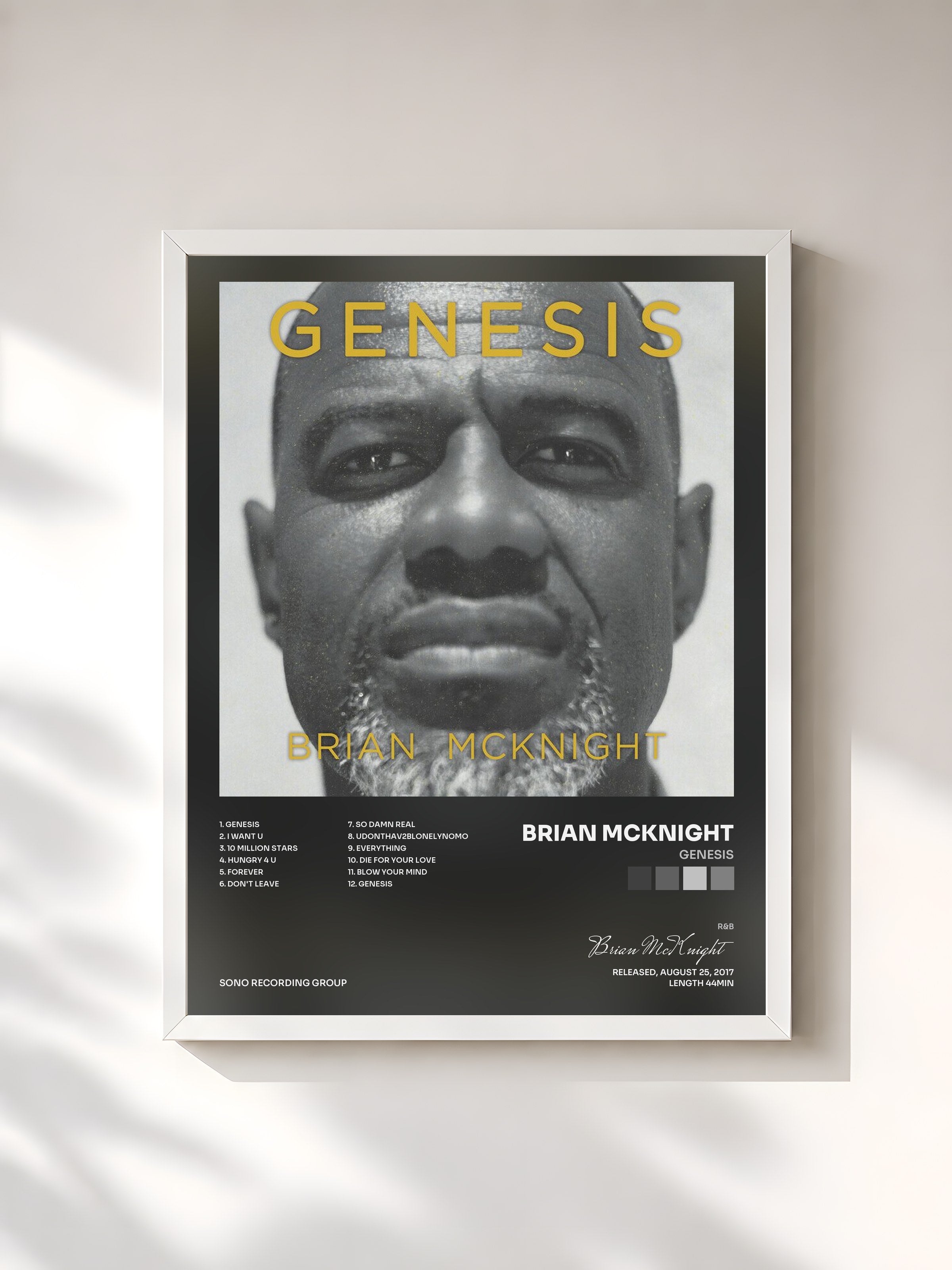 #blanc Tableau de l'album Genesis de Brian McKnight, cadre blanc, imprimé et encadré en France