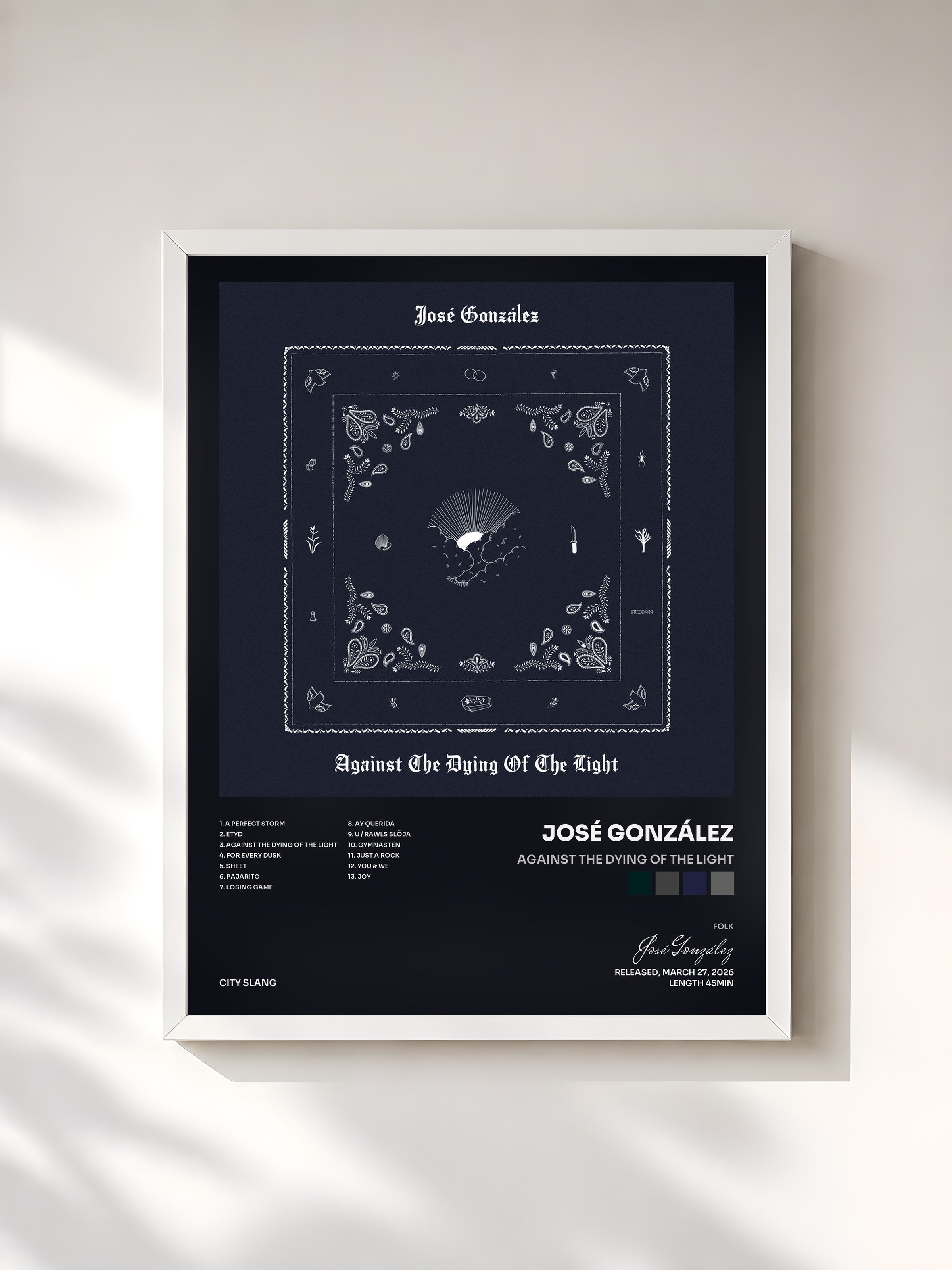#blanc Tableau de l'album Against The Dying Of The Light de José González, cadre blanc, imprimé et encadré en France