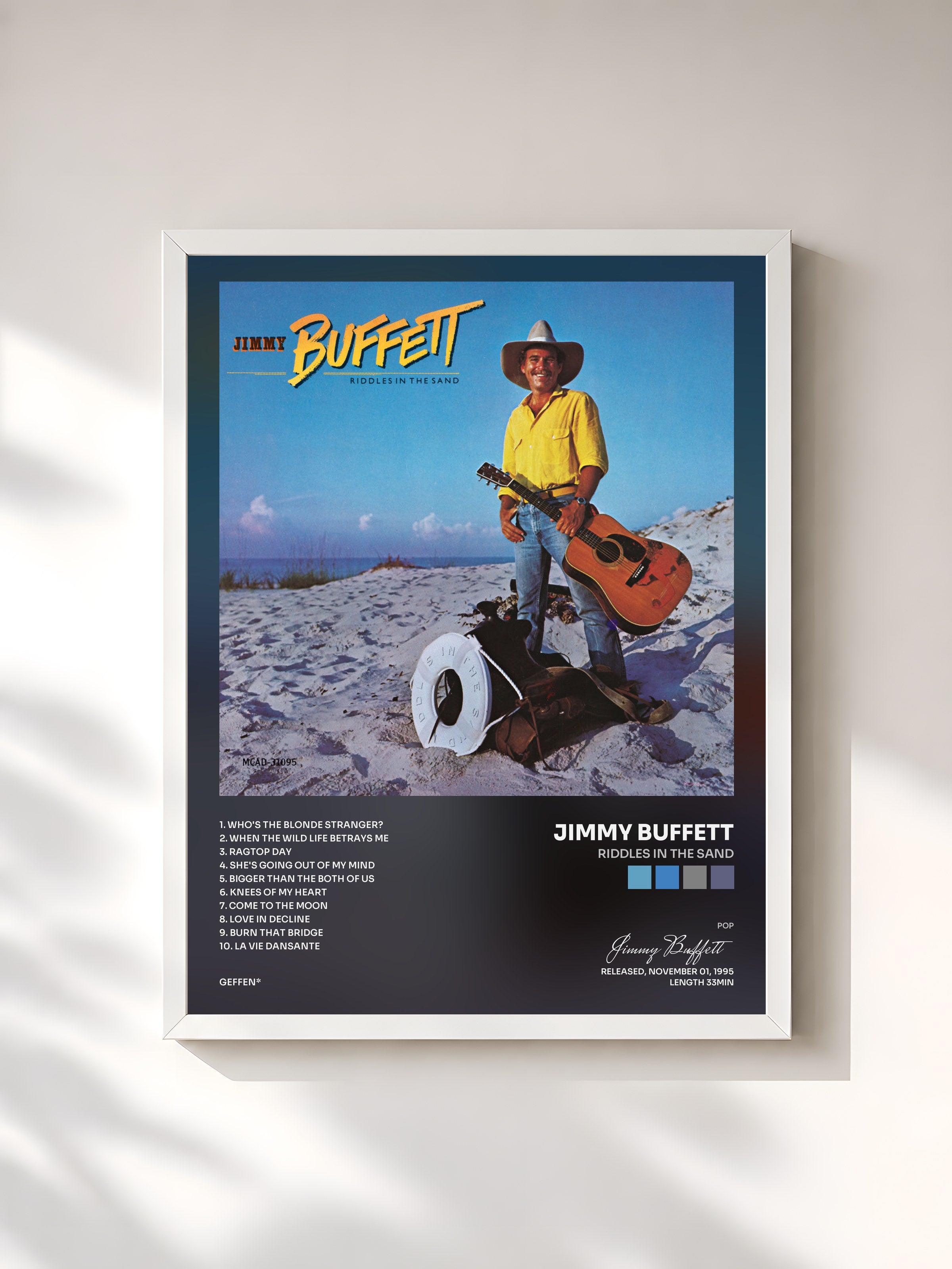 #blanc Tableau de l'album Riddles In The Sand de Jimmy Buffett, cadre blanc, imprimé et encadré en France