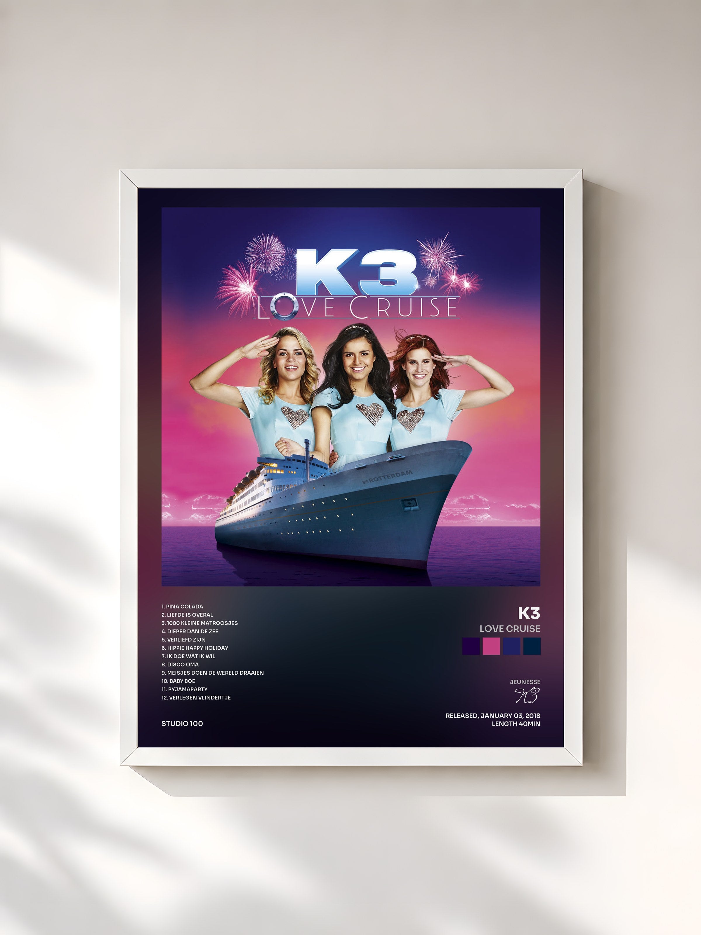 #blanc Tableau de l'album Love Cruise de K3, cadre blanc, imprimé et encadré en France