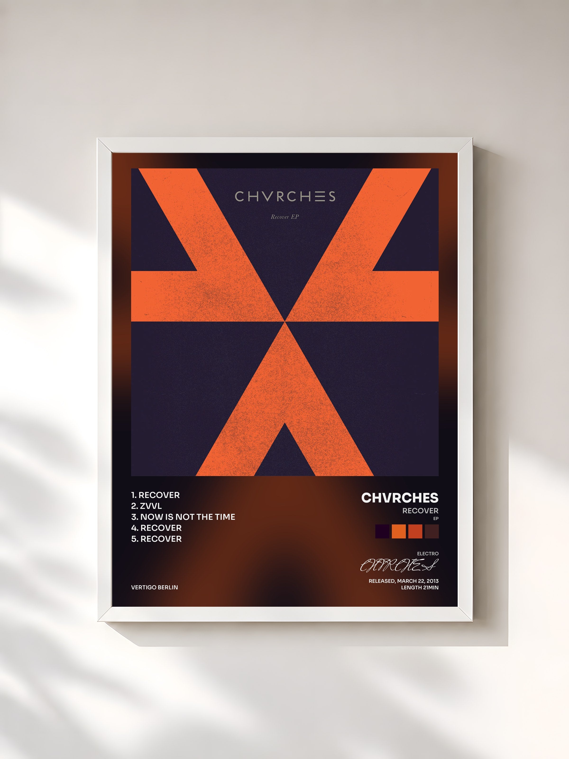 #blanc Tableau de l'album Recover (EP) de CHVRCHES, cadre blanc, imprimé et encadré en France