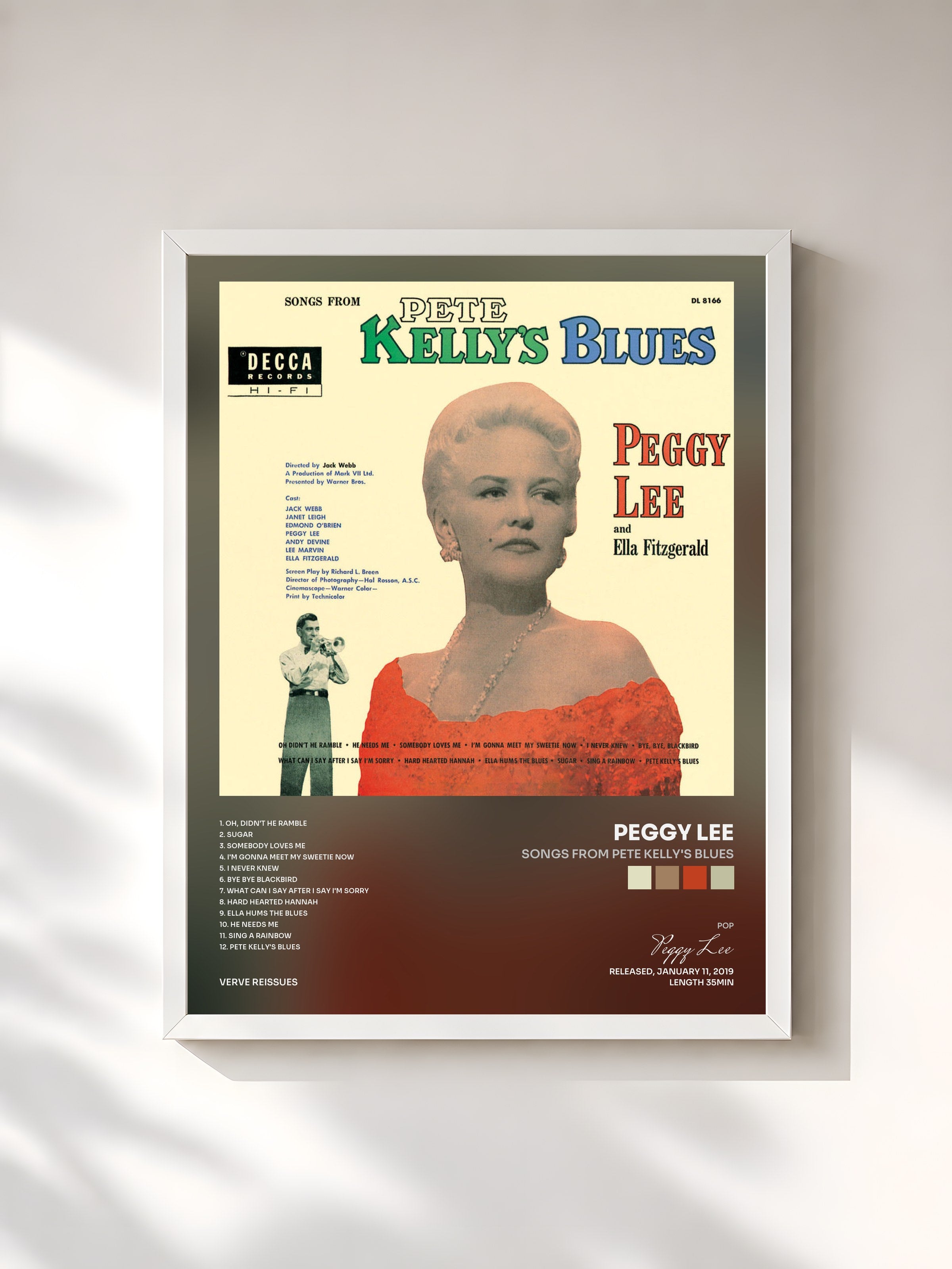 #blanc Tableau de l'album Songs From Pete Kelly's Blues de Peggy Lee, cadre blanc, imprimé et encadré en France