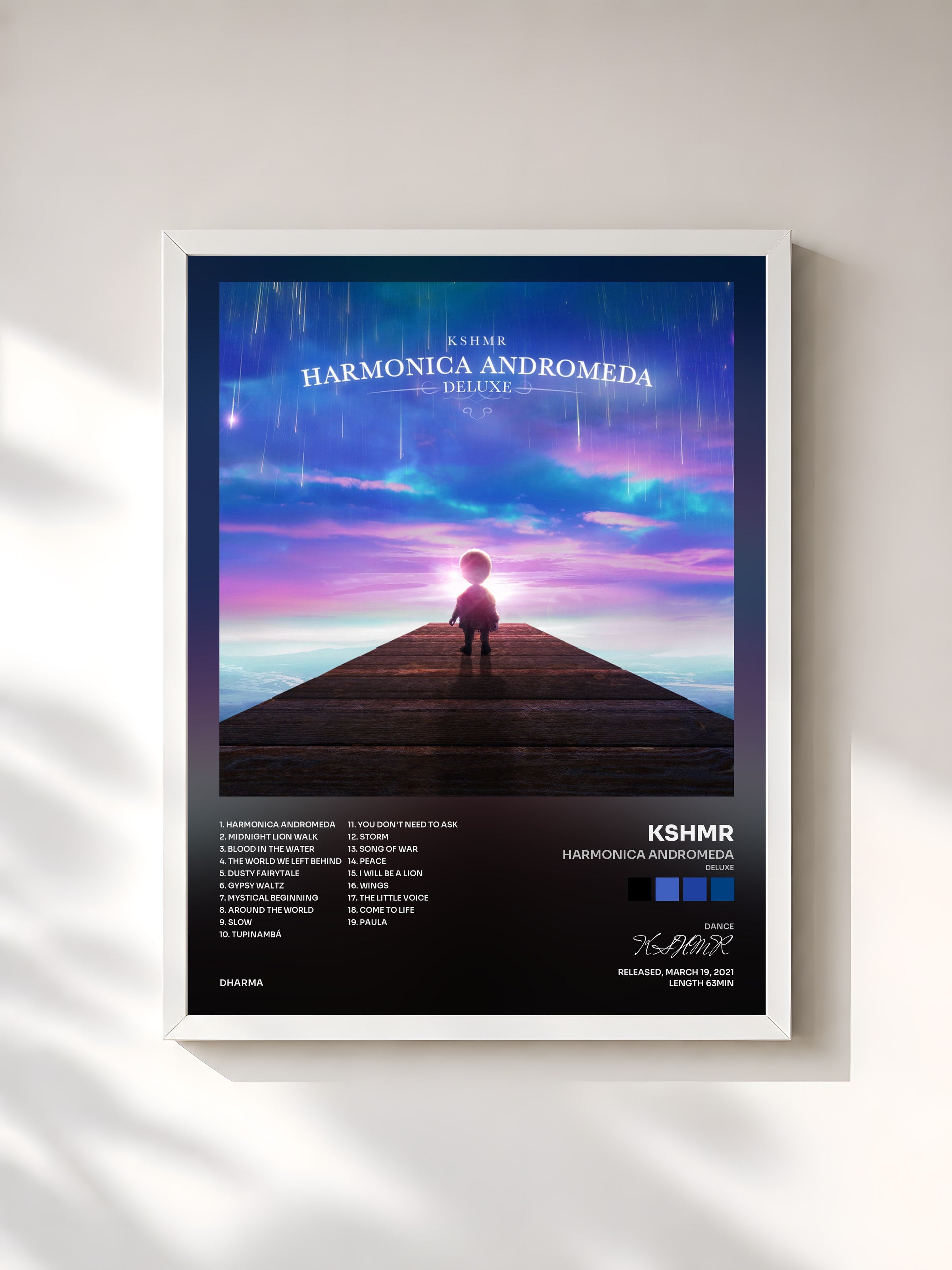 #blanc Tableau de l'album Harmonica Andromeda (Deluxe) de KSHMR, cadre blanc, imprimé et encadré en France