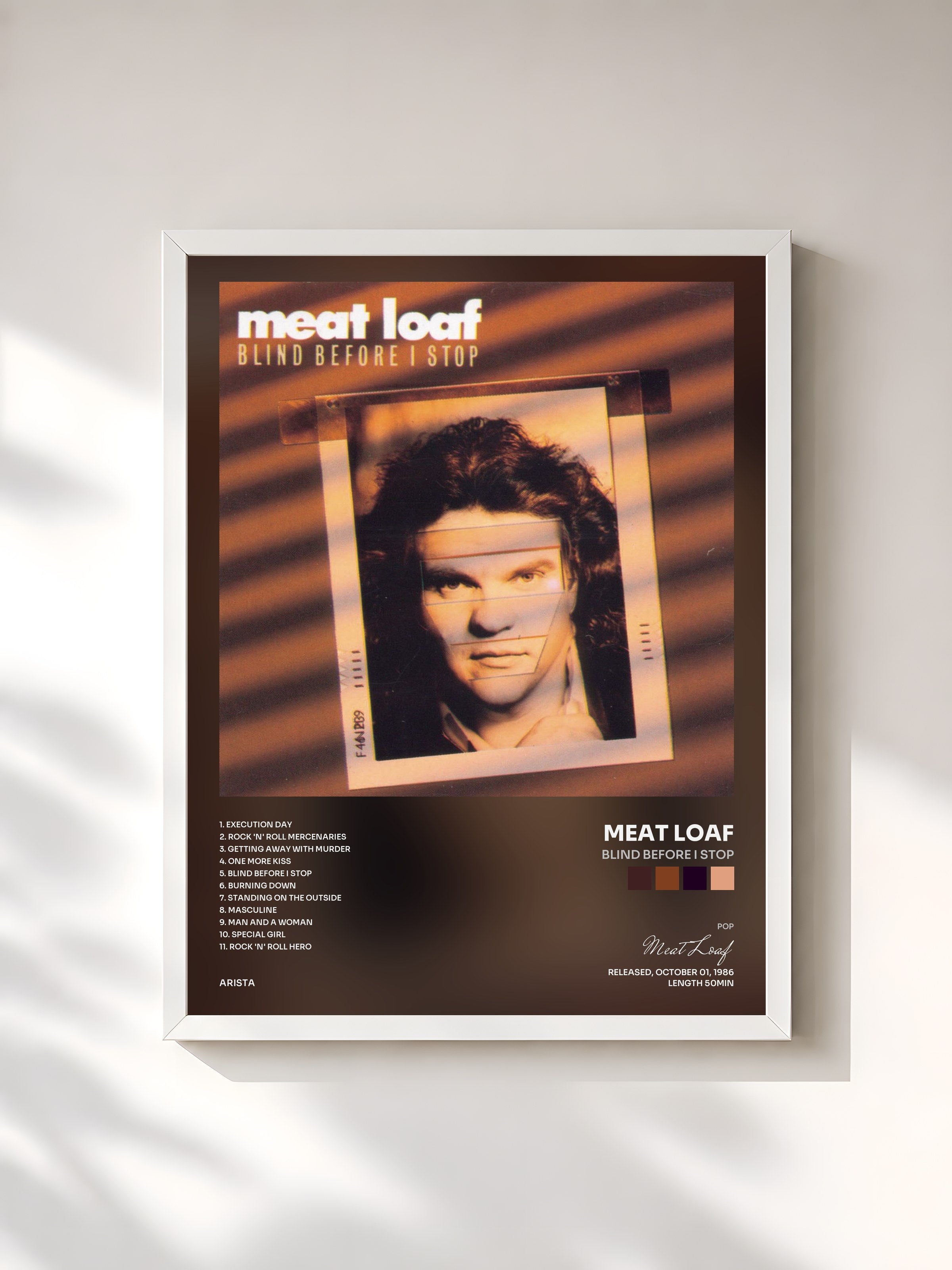 #blanc Tableau de l'album Blind Before I Stop de Meat Loaf, cadre blanc, imprimé et encadré en France