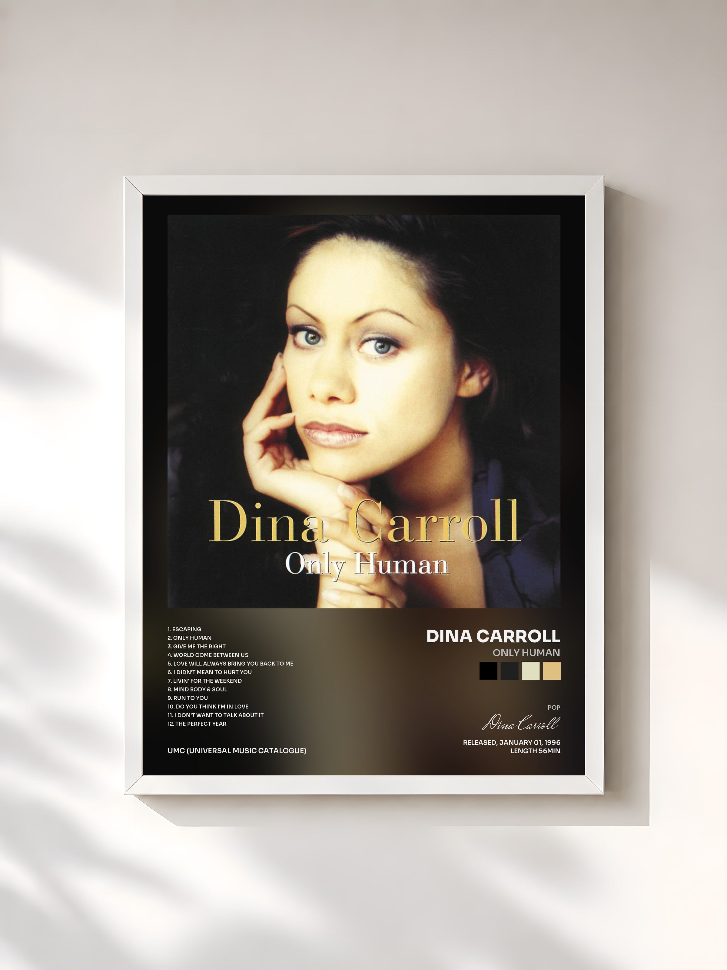 #blanc Tableau de l'album Only Human de Dina Carroll, cadre blanc, imprimé et encadré en France