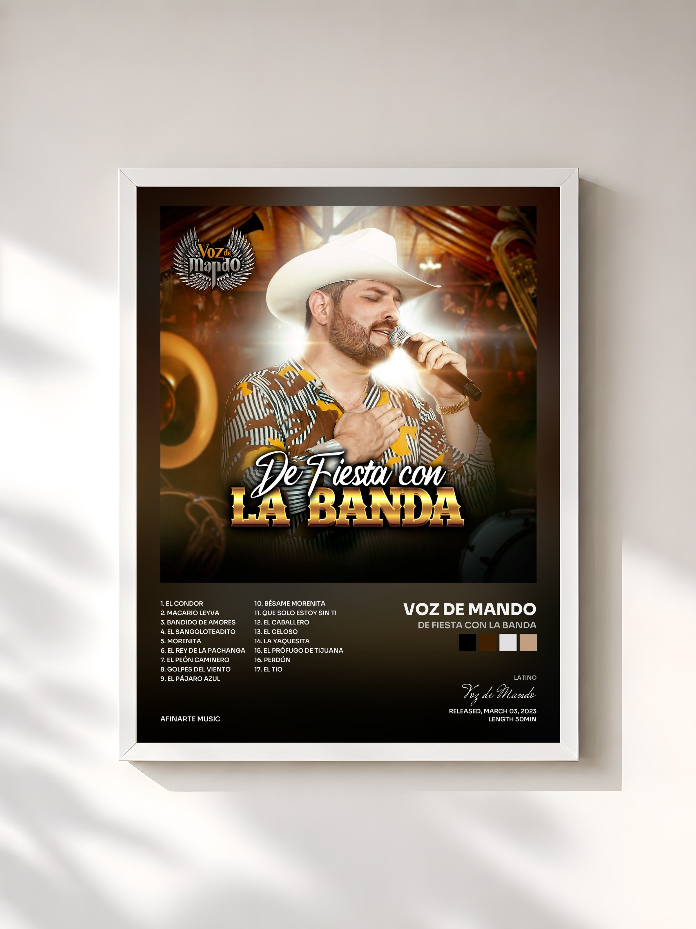 #blanc Tableau de l'album De Fiesta Con La Banda de Voz de Mando, cadre blanc, imprimé et encadré en France