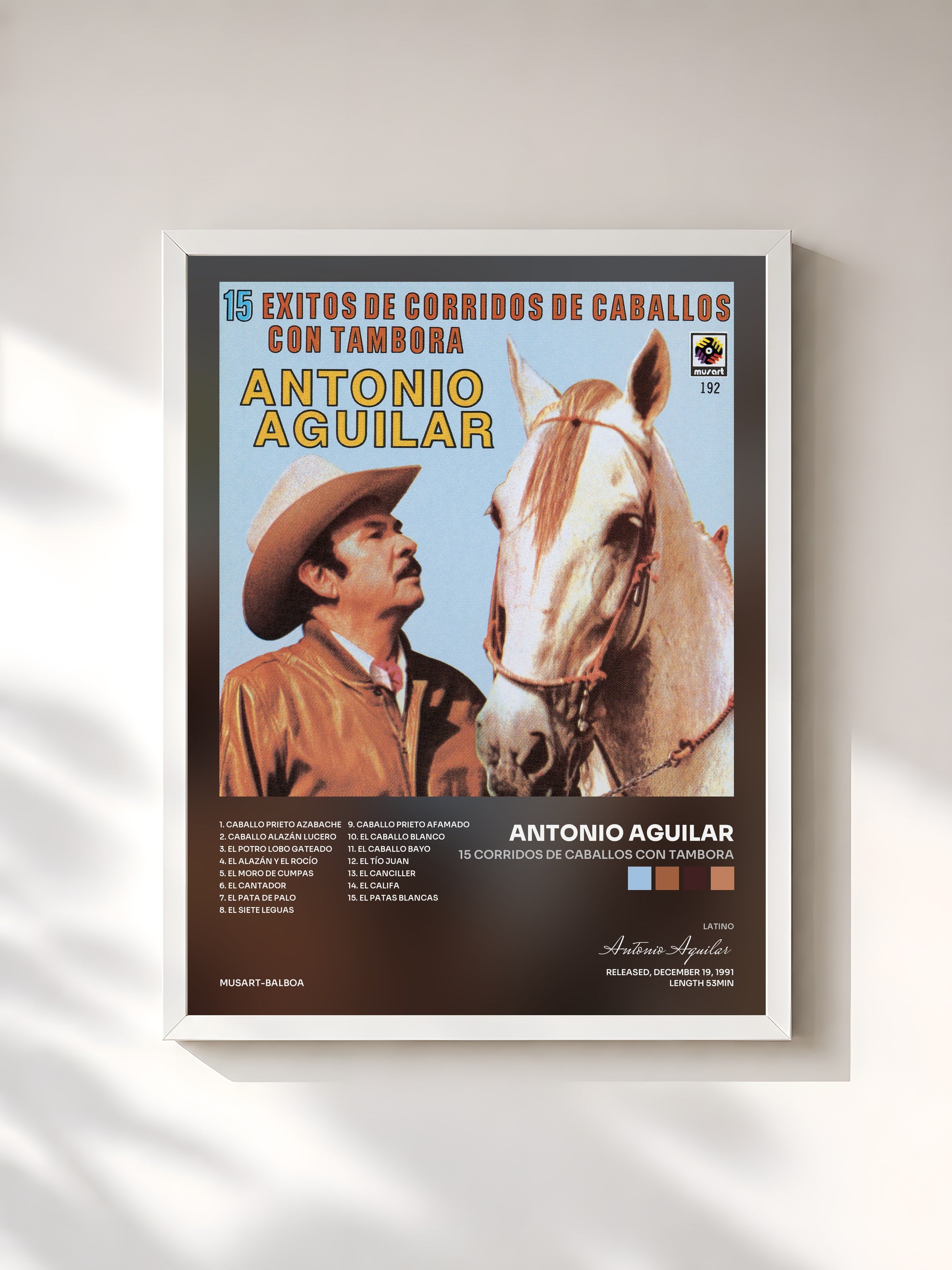 #blanc Tableau de l'album 15 Corridos De Caballos Con Tambora de Antonio Aguilar, cadre blanc, imprimé et encadré en France