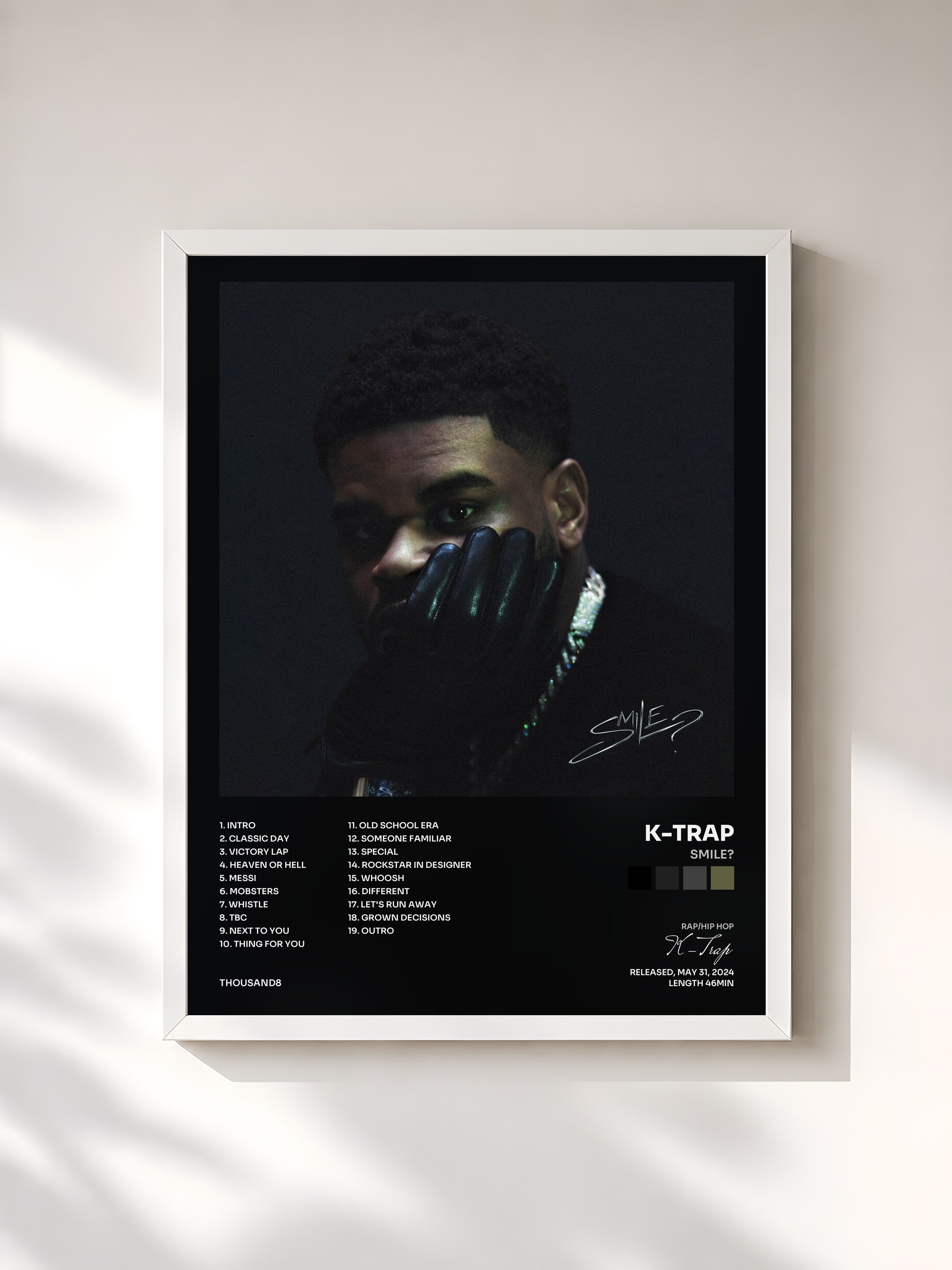 #blanc Tableau de l'album SMILE? de K-Trap, cadre blanc, imprimé et encadré en France