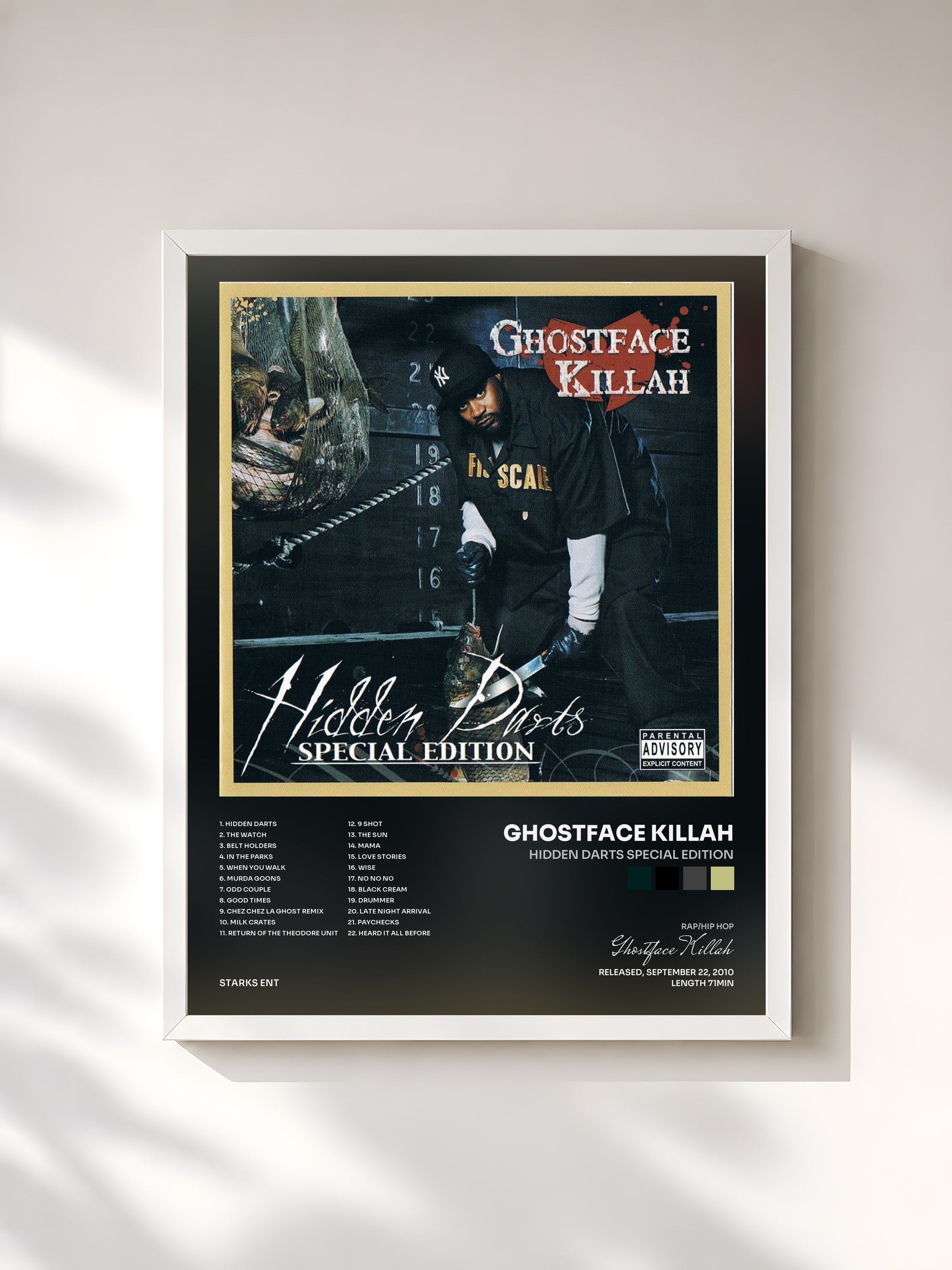 #blanc Tableau de l'album Hidden Darts Special Edition de Ghostface Killah, cadre blanc, imprimé et encadré en France