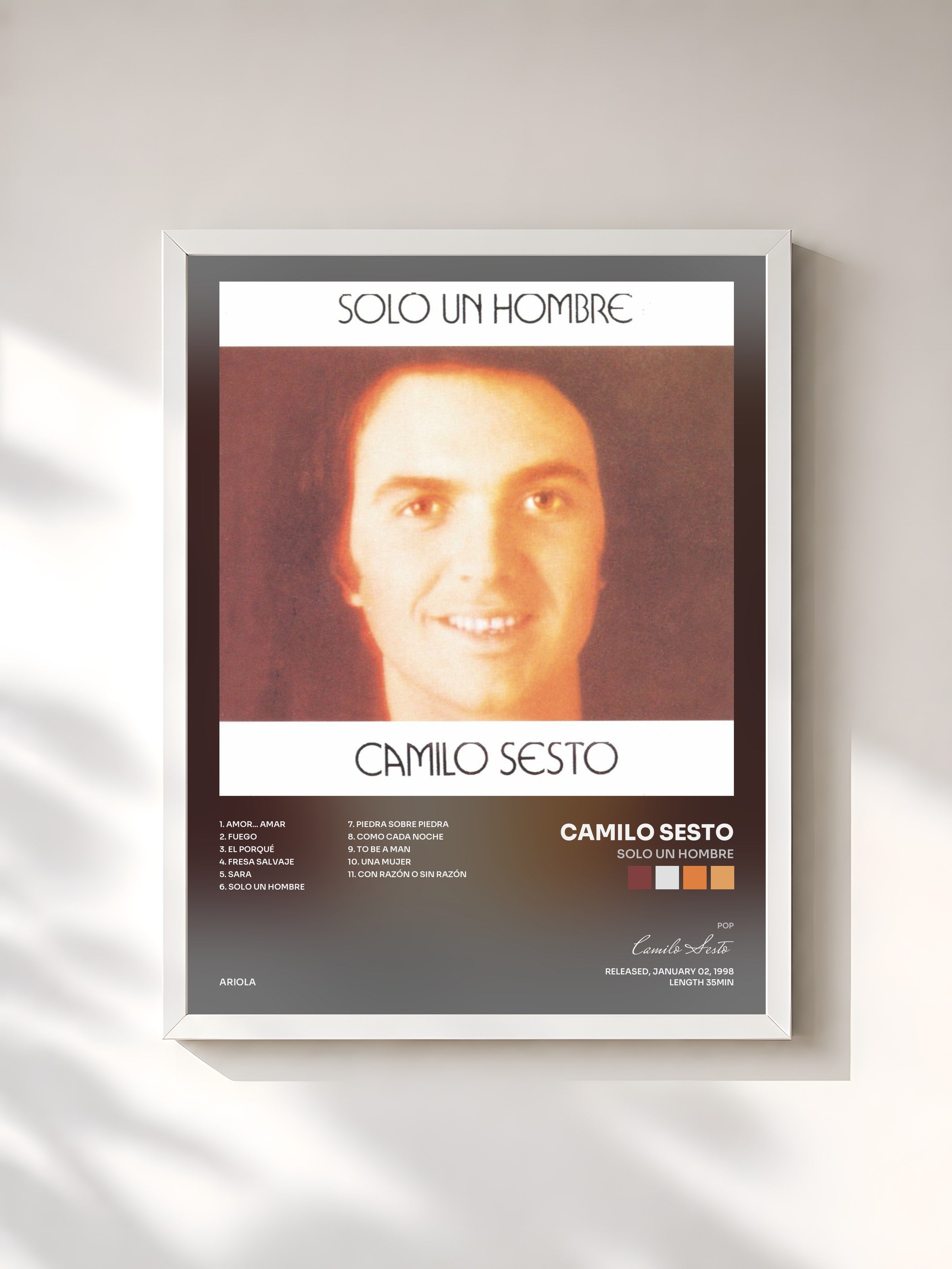 #blanc Tableau de l'album Solo un Hombre de Camilo Sesto, cadre blanc, imprimé et encadré en France
