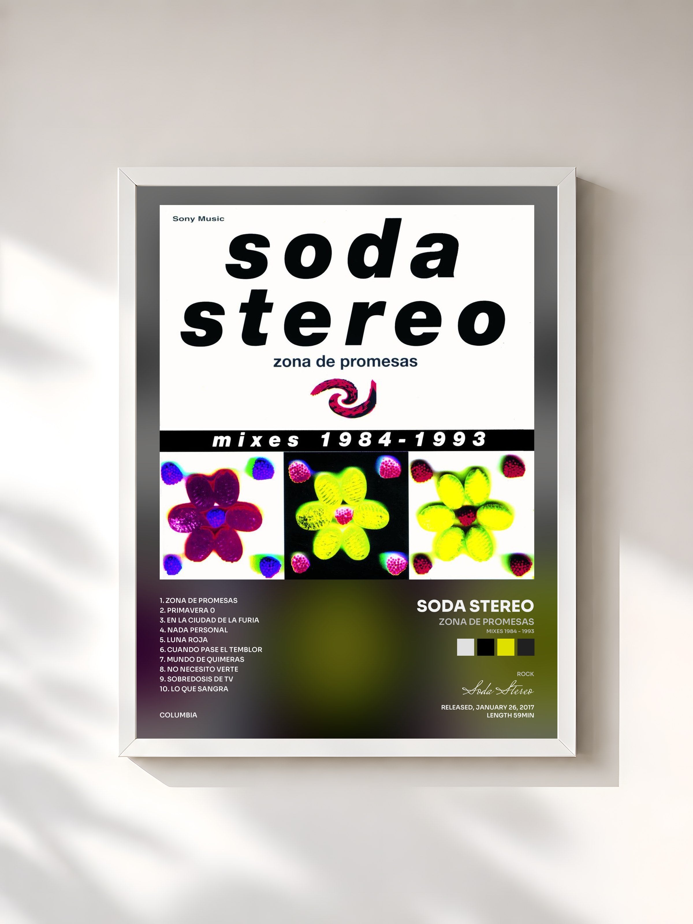 #blanc Tableau de l'album Zona de Promesas (Mixes 1984 - 1993) de Soda Stereo, cadre blanc, imprimé et encadré en France