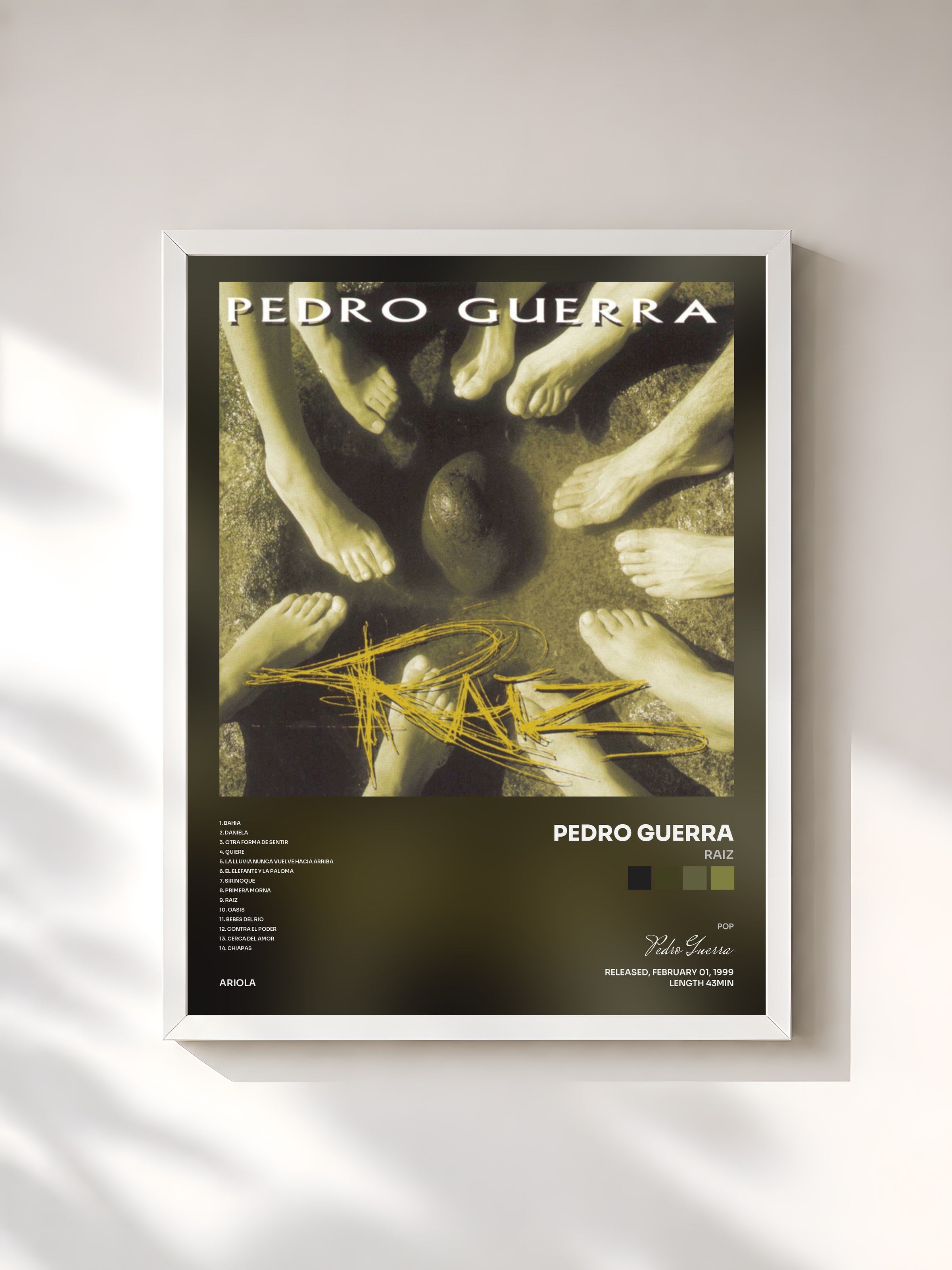 #blanc Tableau de l'album Raiz de Pedro Guerra, cadre blanc, imprimé et encadré en France