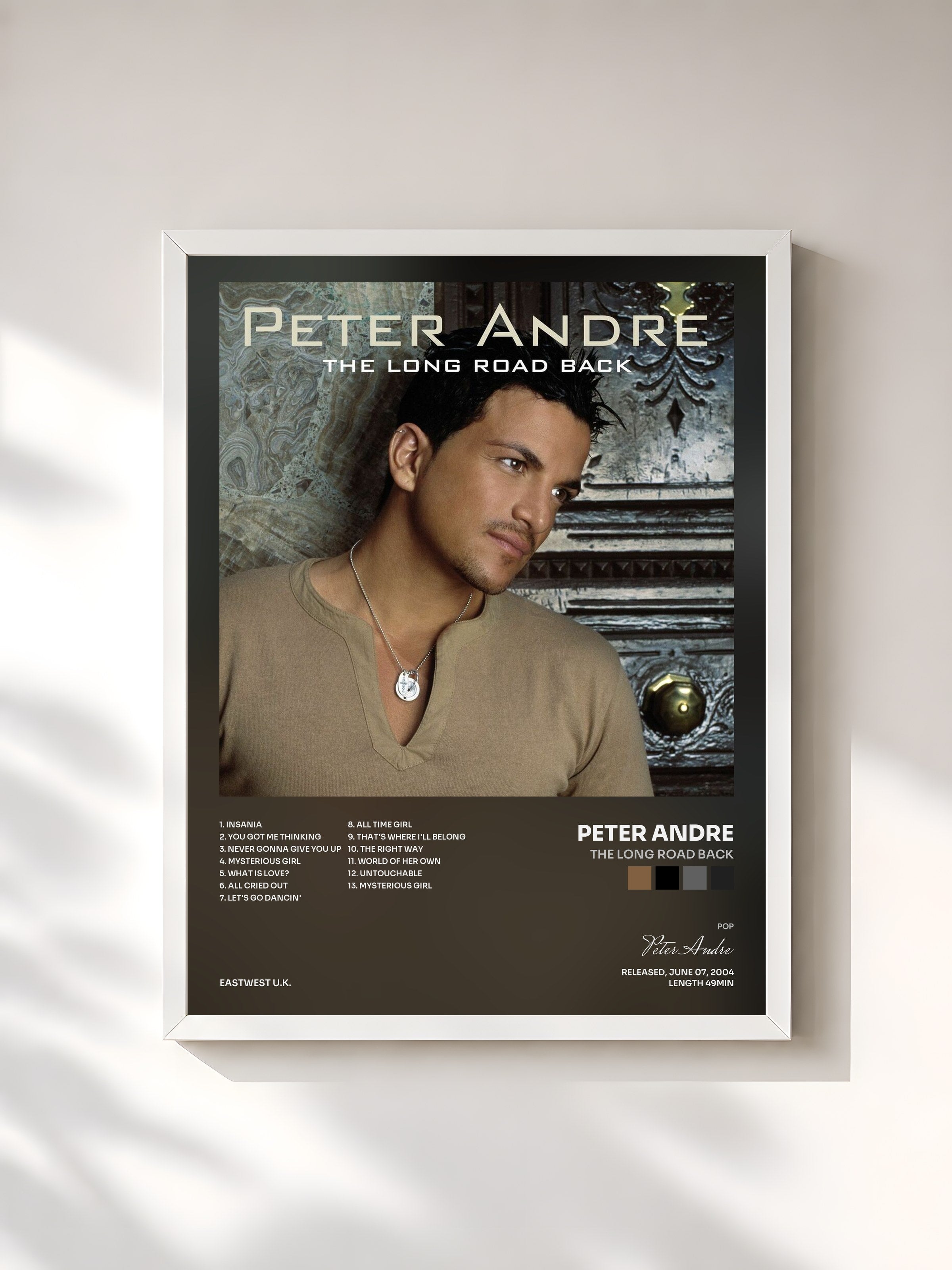 #blanc Tableau de l'album The Long Road Back de Peter Andre, cadre blanc, imprimé et encadré en France