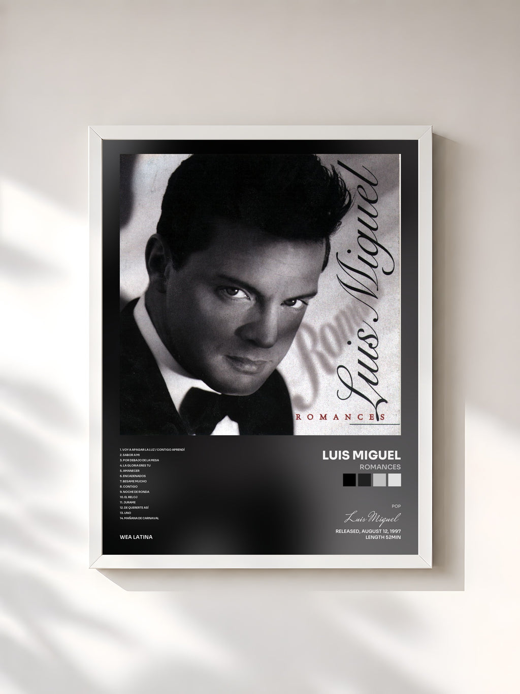 #blanc Tableau de l'album Romances de Luis Miguel, cadre blanc, imprimé et encadré en France