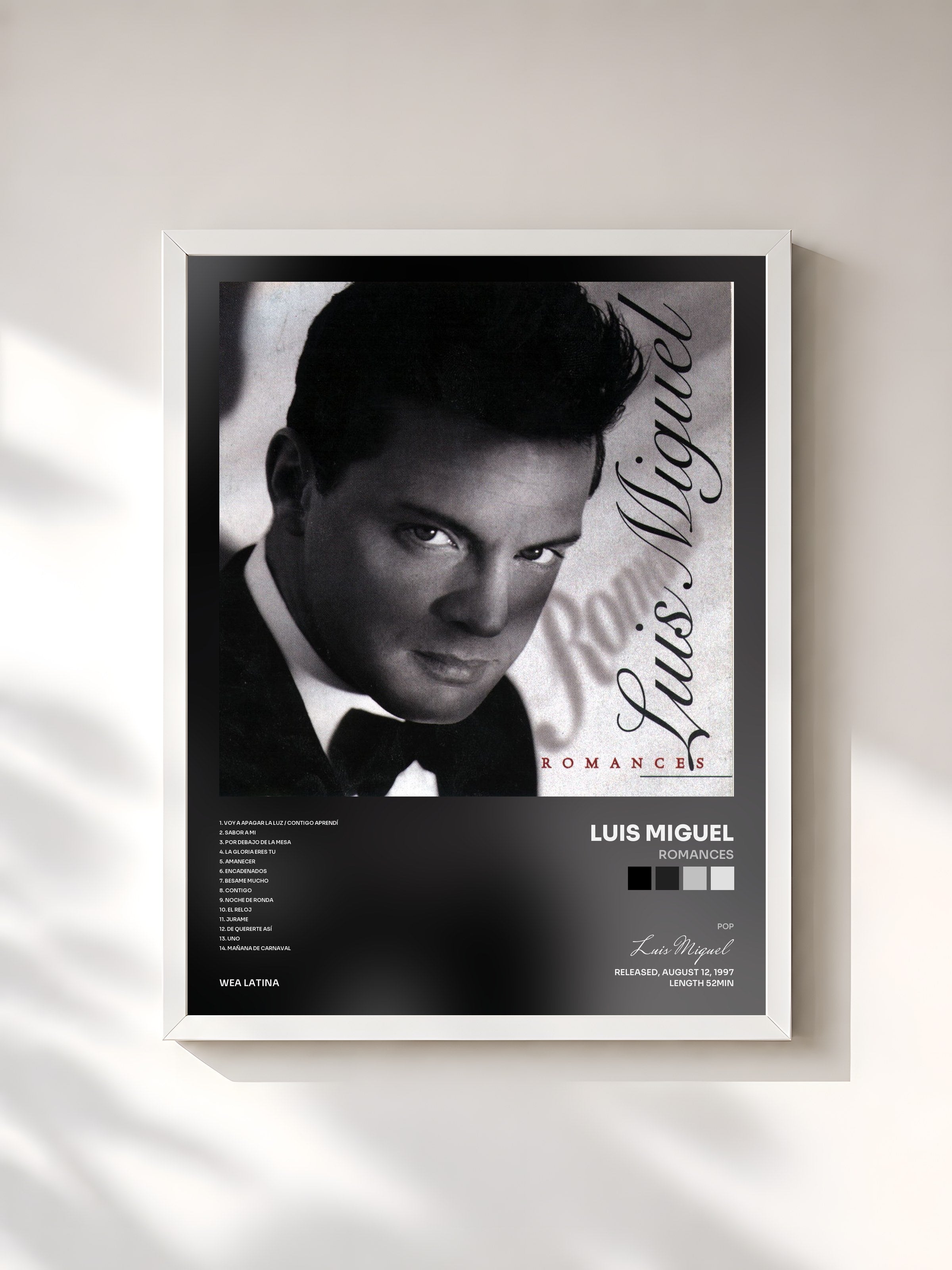 #blanc Tableau de l'album Romances de Luis Miguel, cadre blanc, imprimé et encadré en France