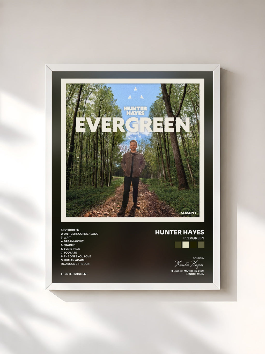 #blanc Evergreen by Hunter Hayes as a framed art print, white frame, printed and framed in France