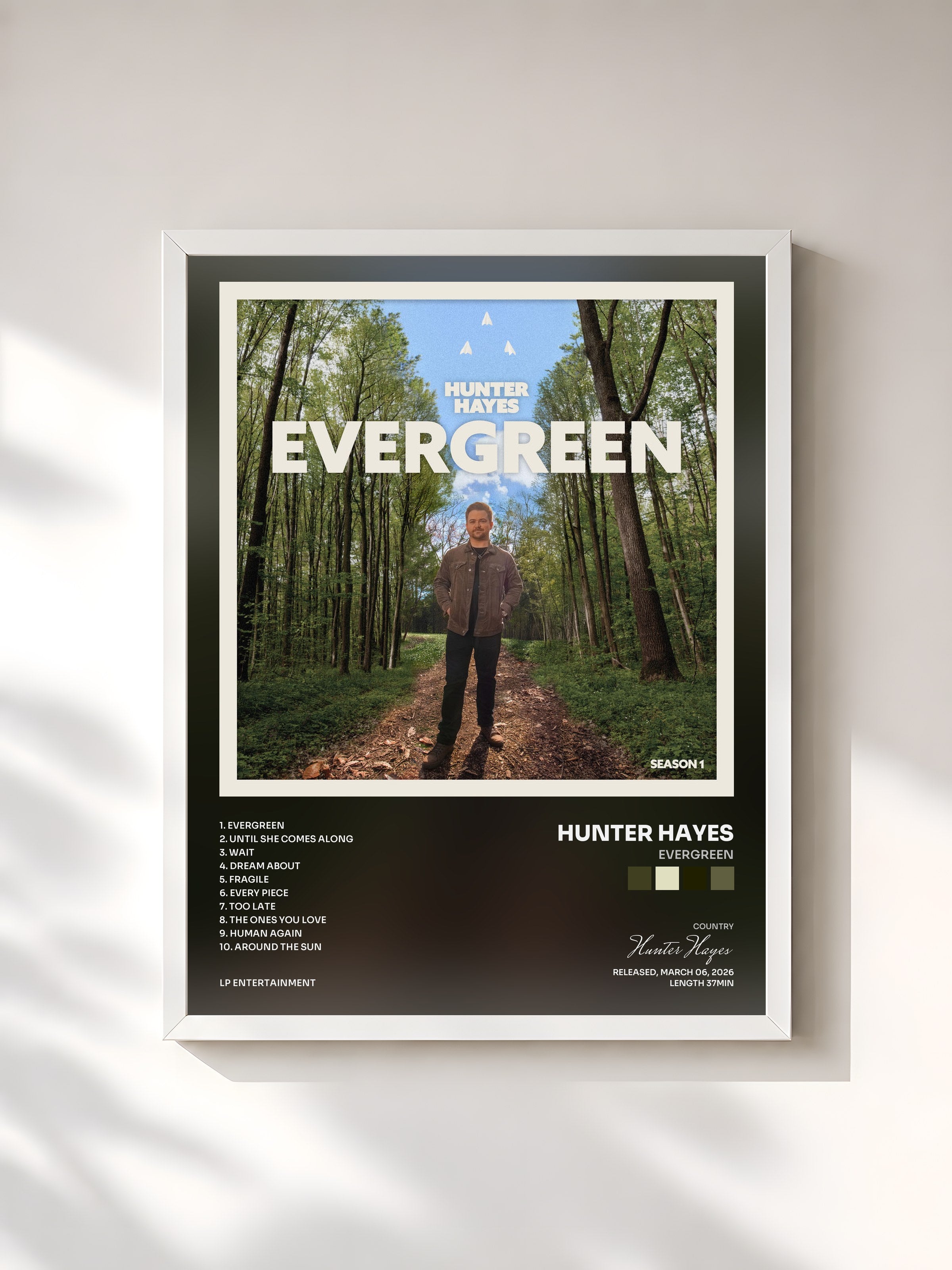 #blanc Tableau de l'album Evergreen de Hunter Hayes, cadre blanc, imprimé et encadré en France