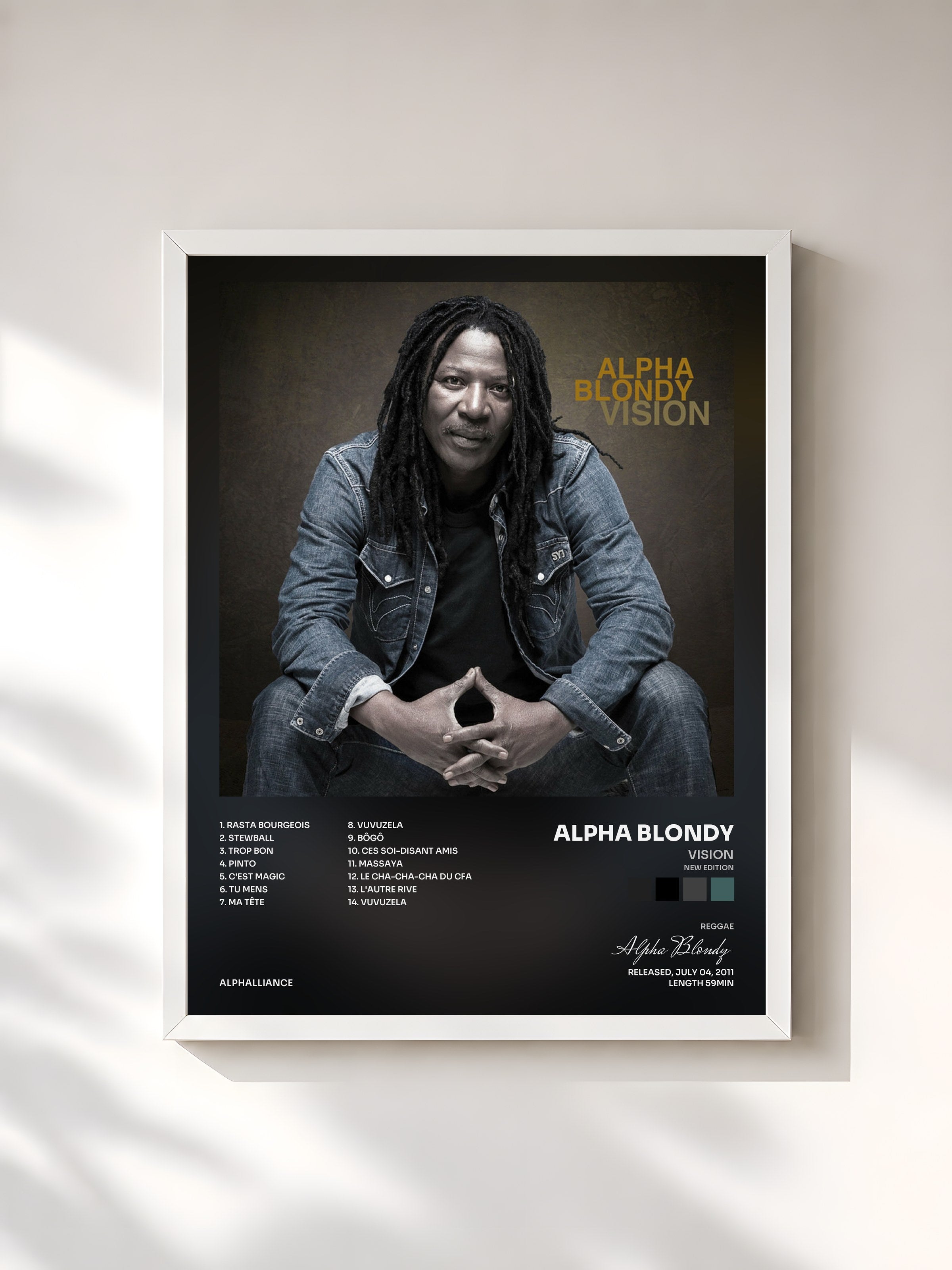 #blanc Tableau de l'album Vision (New Edition) de Alpha Blondy, cadre blanc, imprimé et encadré en France