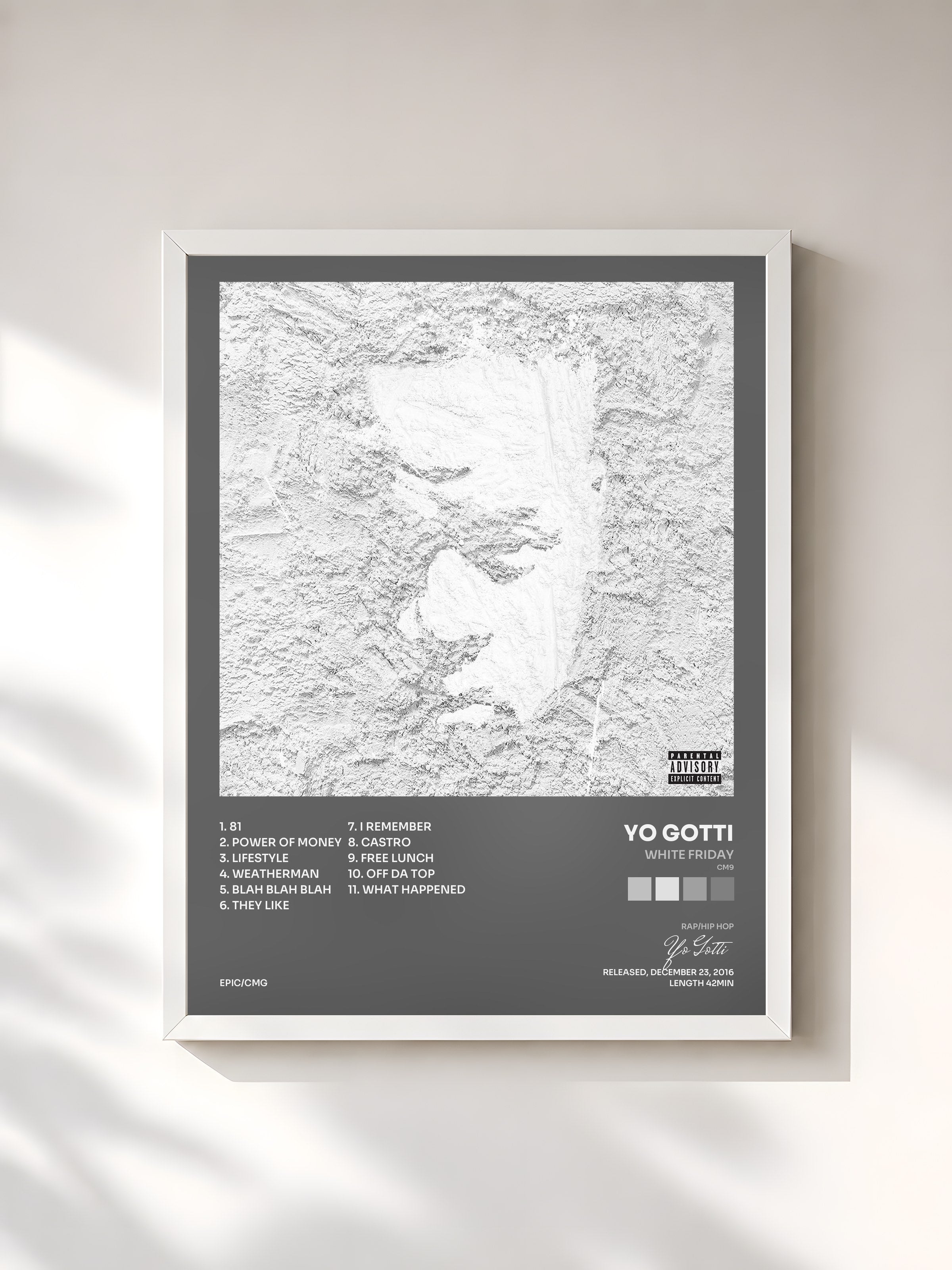 #blanc Tableau de l'album White Friday (CM9) de Yo Gotti, cadre blanc, imprimé et encadré en France
