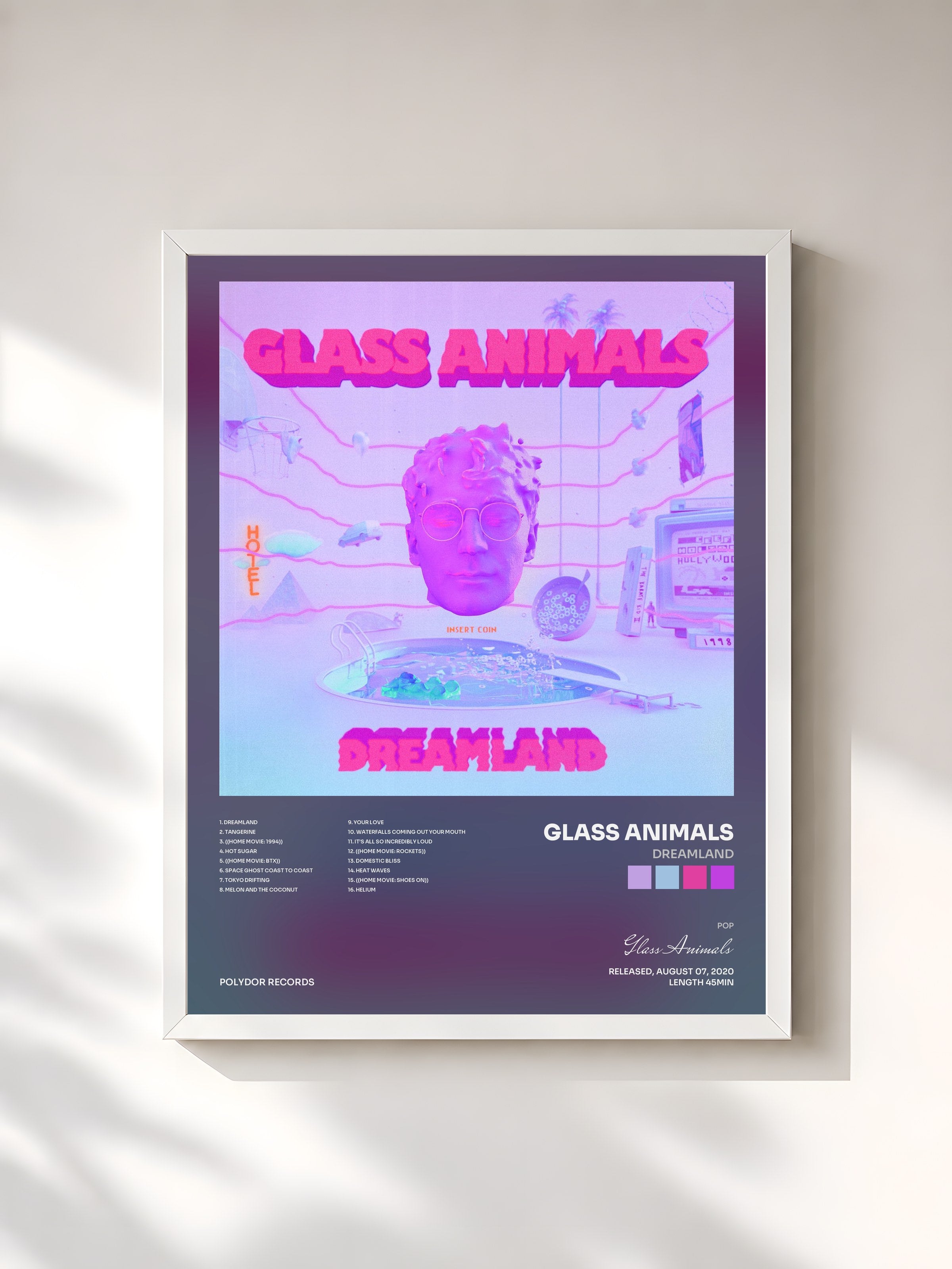 #blanc Tableau de l'album Dreamland de Glass Animals, cadre blanc, imprimé et encadré en France