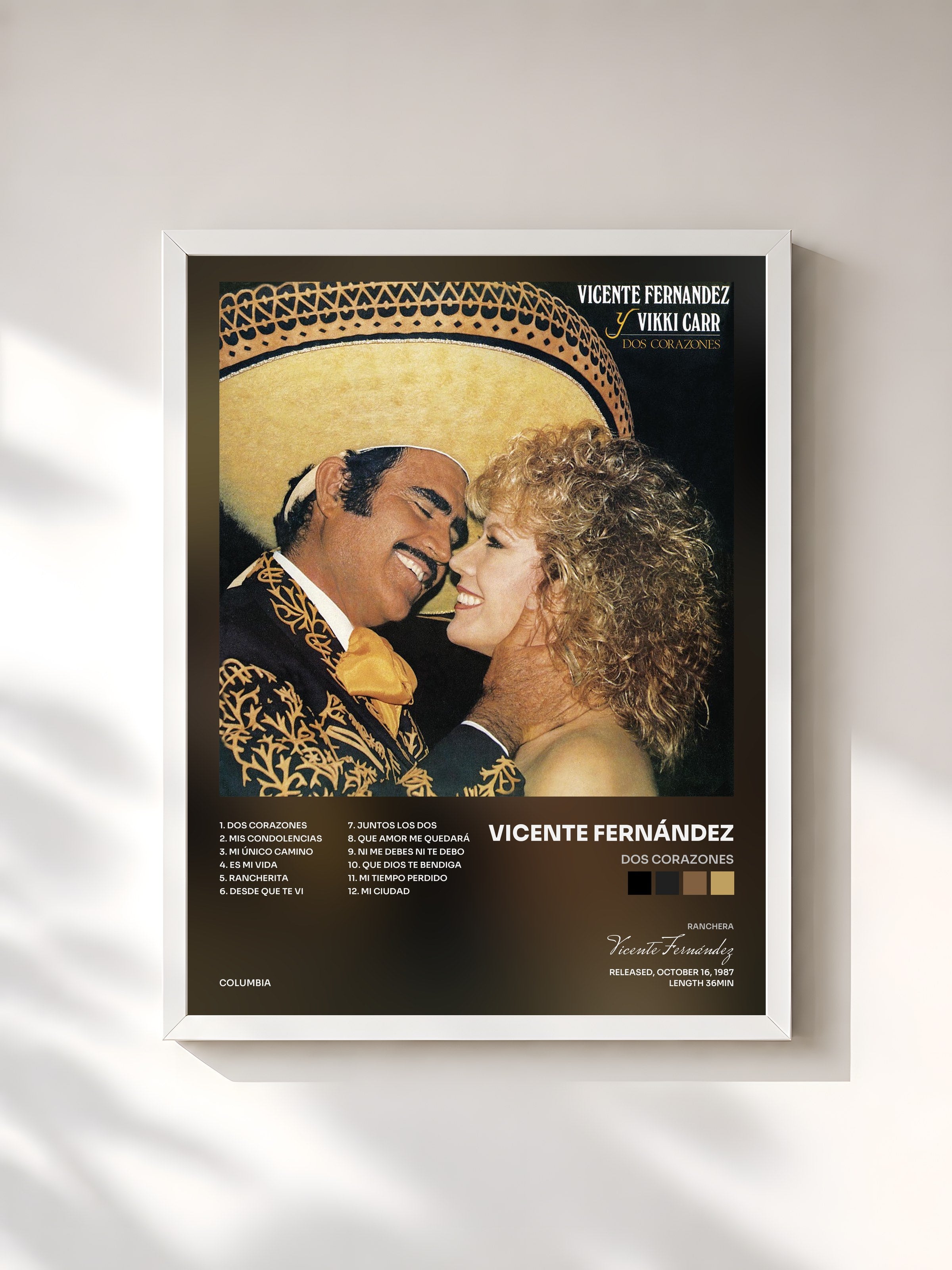 #blanc Tableau de l'album Dos Corazones de Vicente Fernández, cadre blanc, imprimé et encadré en France