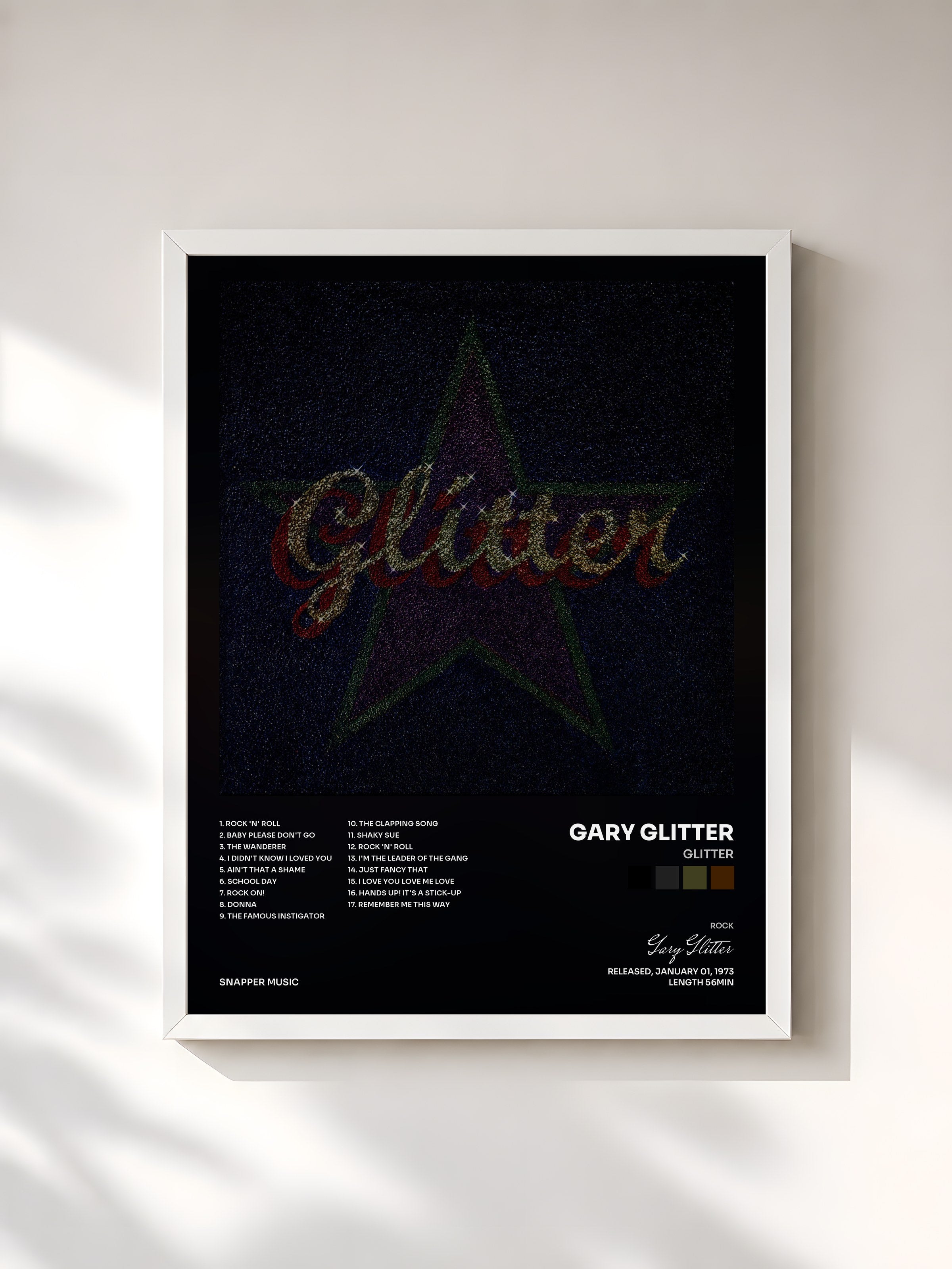 #blanc Tableau de l'album Glitter de Gary Glitter, cadre blanc, imprimé et encadré en France