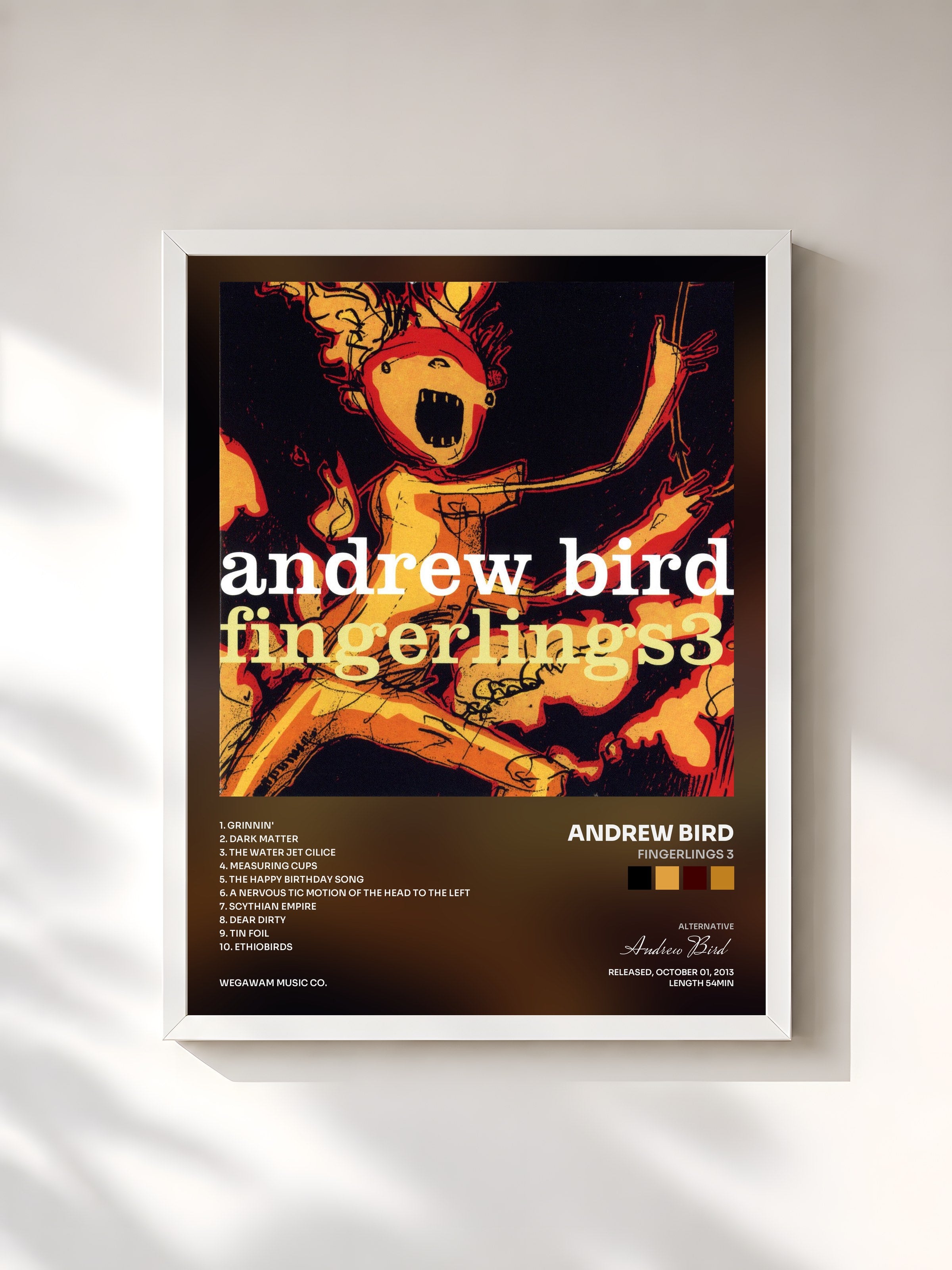 #blanc Tableau de l'album Fingerlings 3 de Andrew Bird, cadre blanc, imprimé et encadré en France