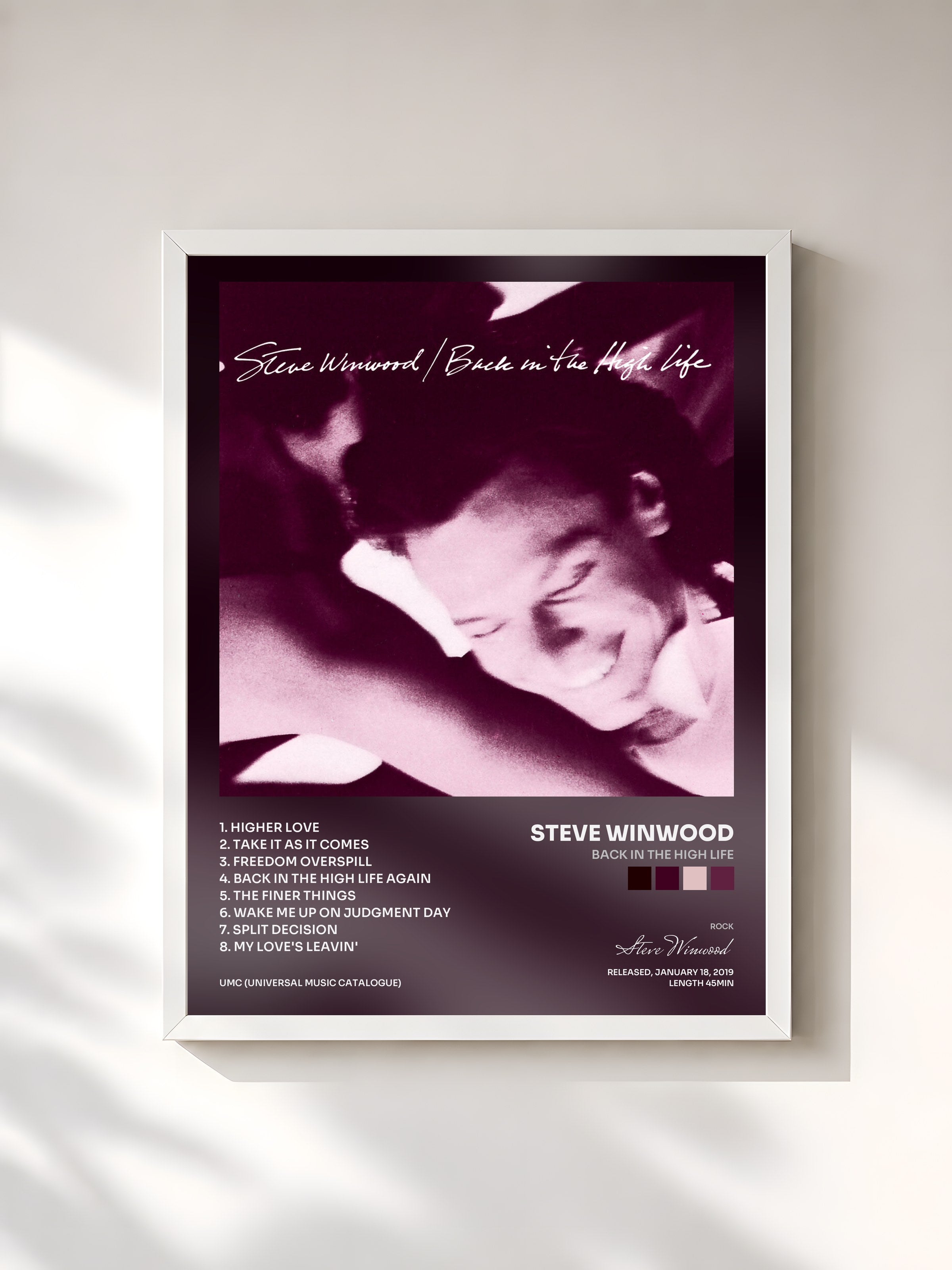 #blanc Tableau de l'album Back In The High Life de Steve Winwood, cadre blanc, imprimé et encadré en France