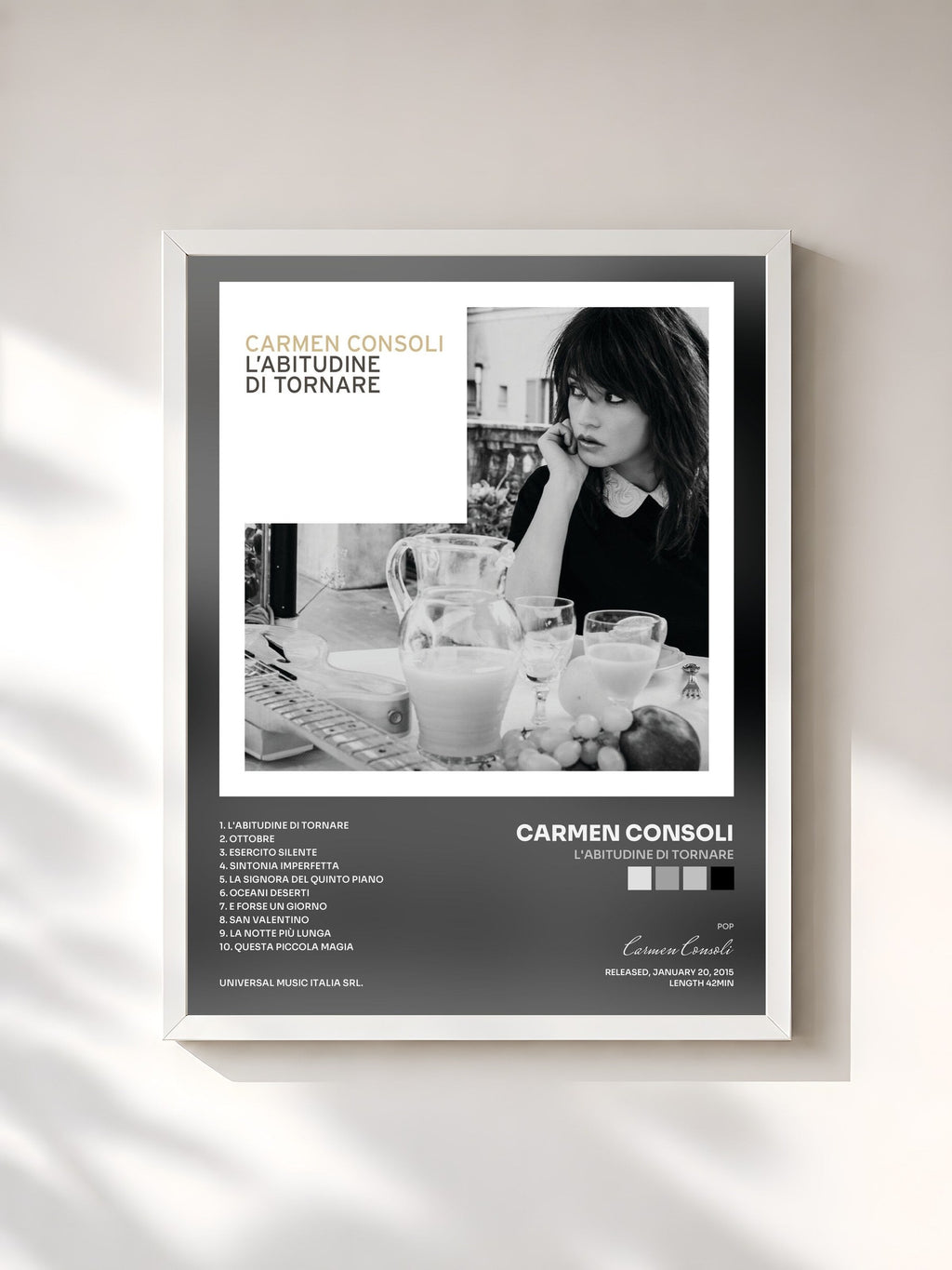 #blanc L'Abitudine Di Tornare by Carmen Consoli as a framed art print, white frame, printed and framed in France