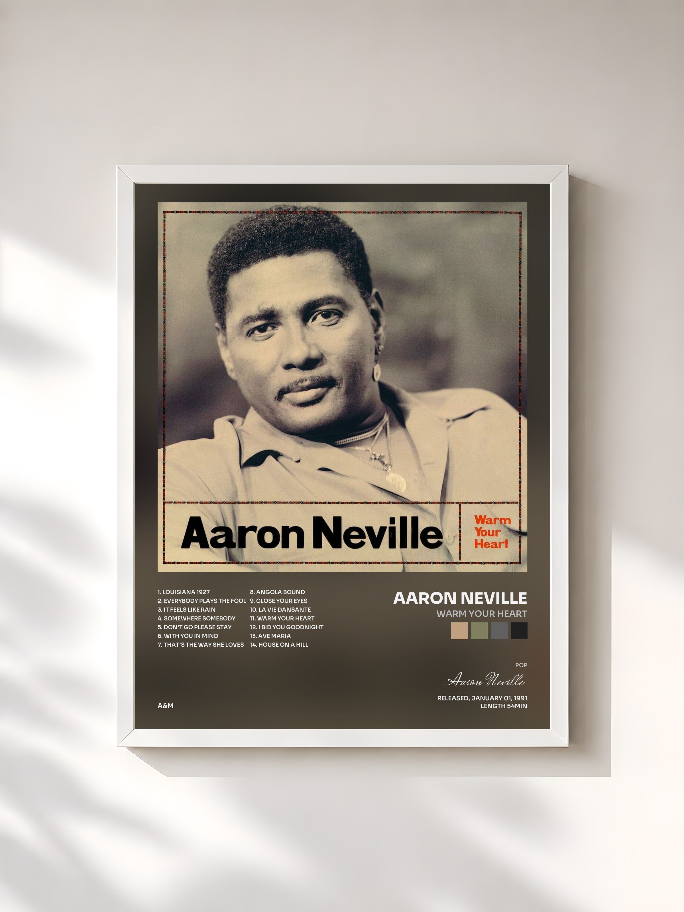 #blanc Tableau de l'album Warm Your Heart de Aaron Neville, cadre blanc, imprimé et encadré en France