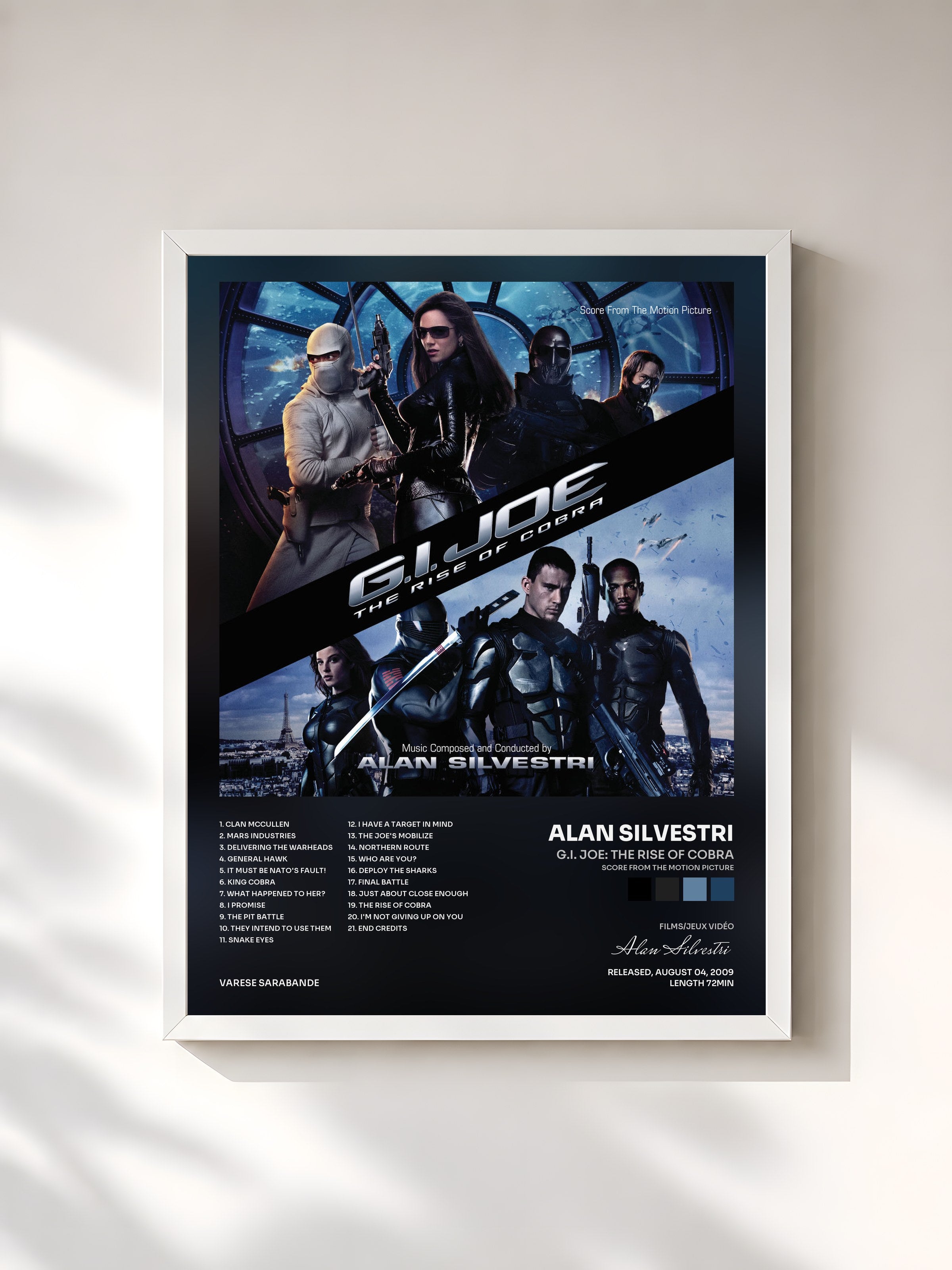 #blanc Tableau de l'album G.I. Joe: The Rise Of Cobra (Score From The Motion Picture) de Alan Silvestri, cadre blanc, imprimé et encadré en France