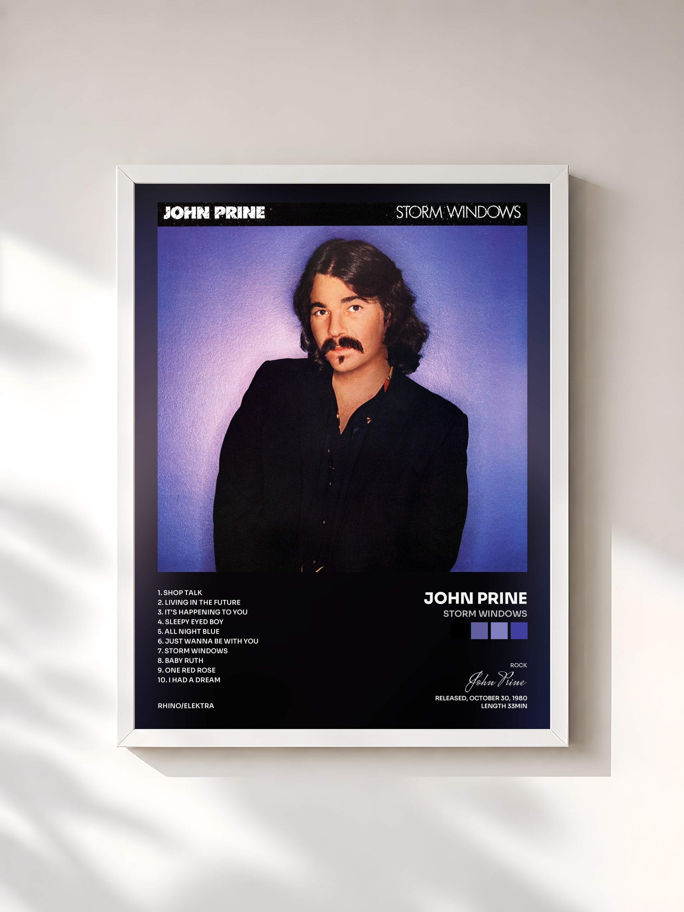#blanc Tableau de l'album Storm Windows de John Prine, cadre blanc, imprimé et encadré en France