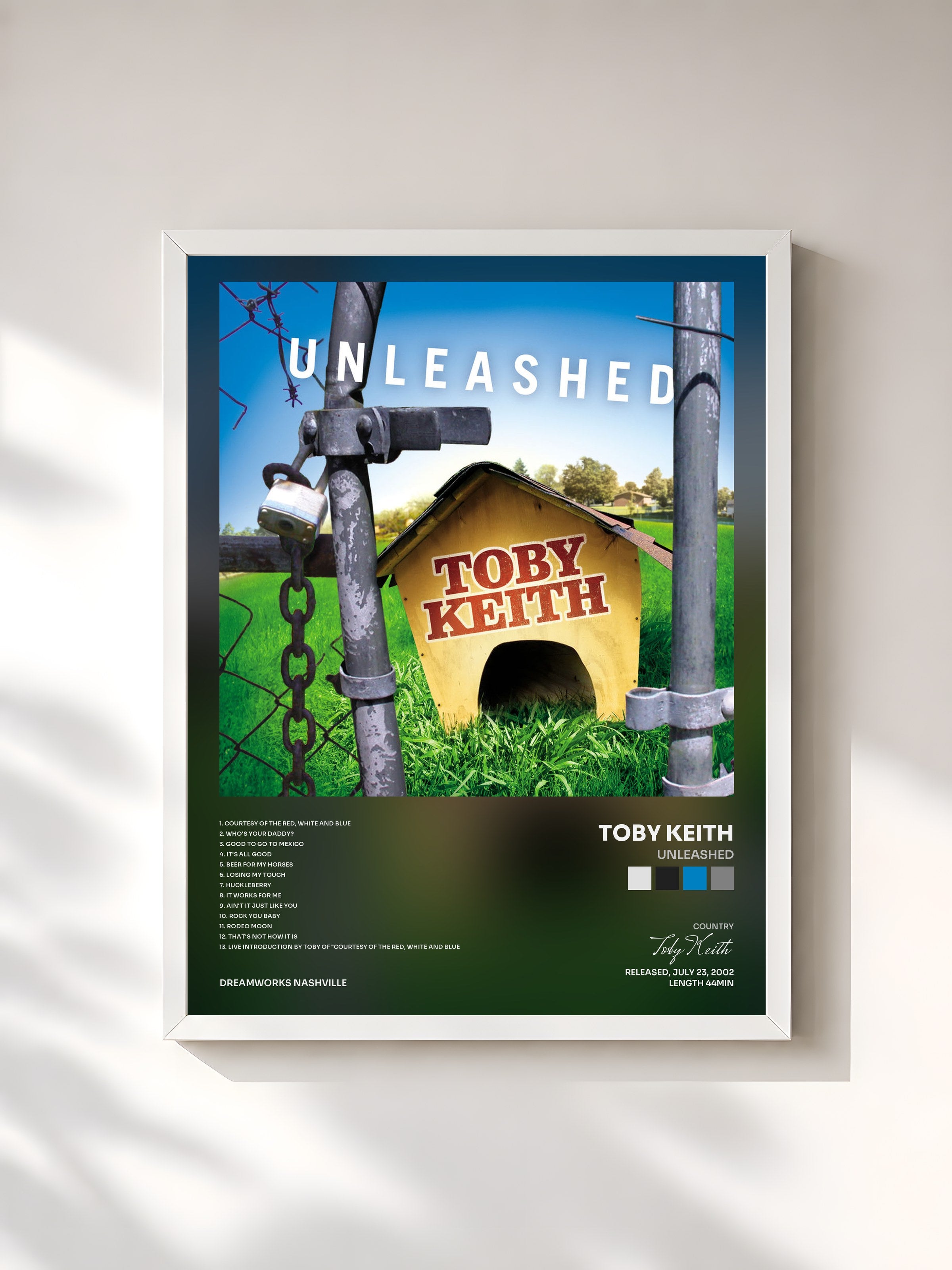 #blanc Tableau de l'album Unleashed de Toby Keith, cadre blanc, imprimé et encadré en France